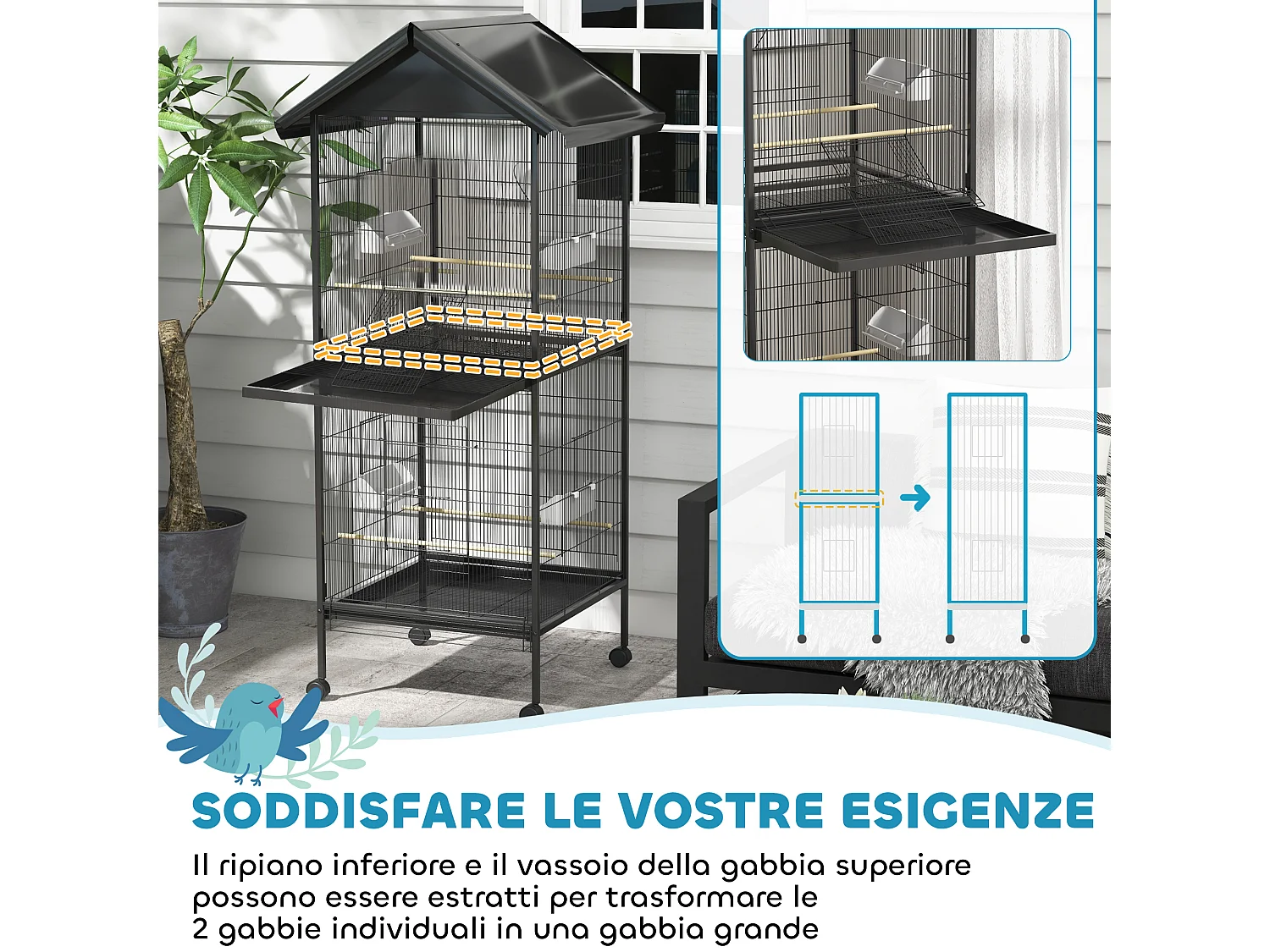 Voliera per uccelli a rotelle con vassoi estraibili e posatoi nero