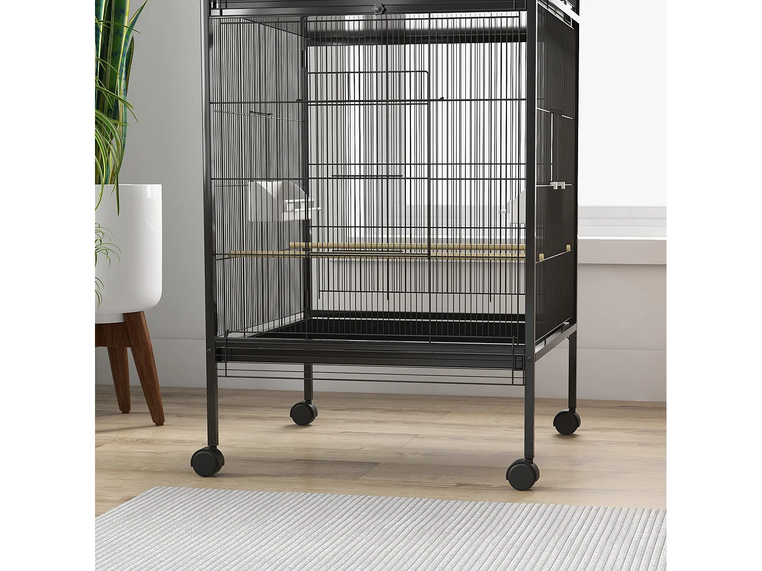Voliera per uccelli a rotelle con vassoi estraibili e posatoi nero