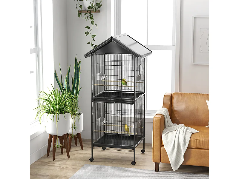 Voliera per uccelli a rotelle con vassoi estraibili e posatoi nero
