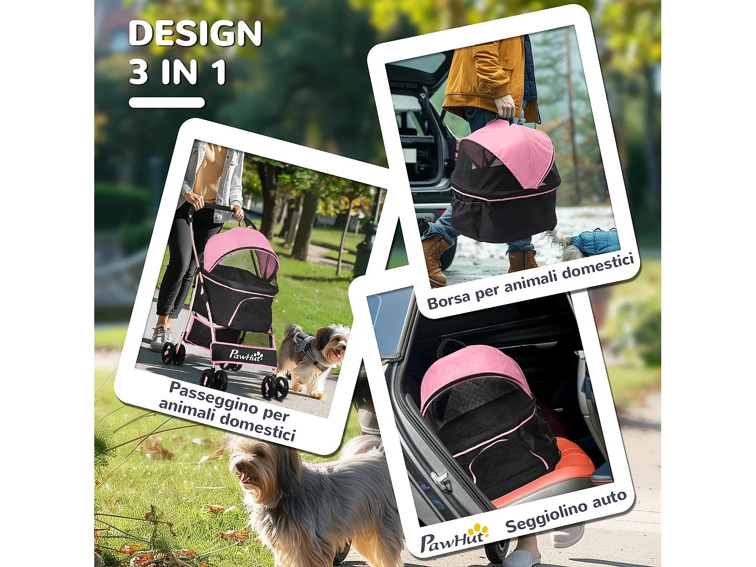 Passeggino per cani pieghevole convertibile in trasportino rosa