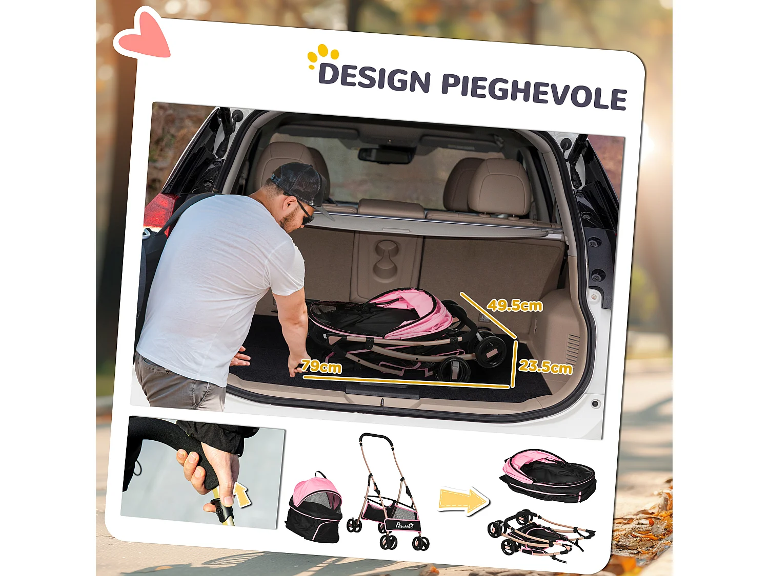 Passeggino per cani pieghevole convertibile in trasportino rosa