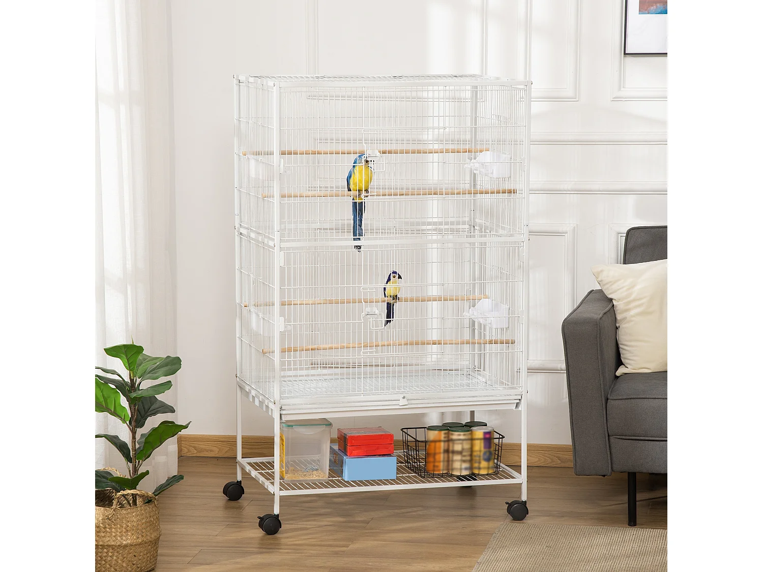 Gabbia per uccelli da interni in acciaio e legno a 4 ruote bianco