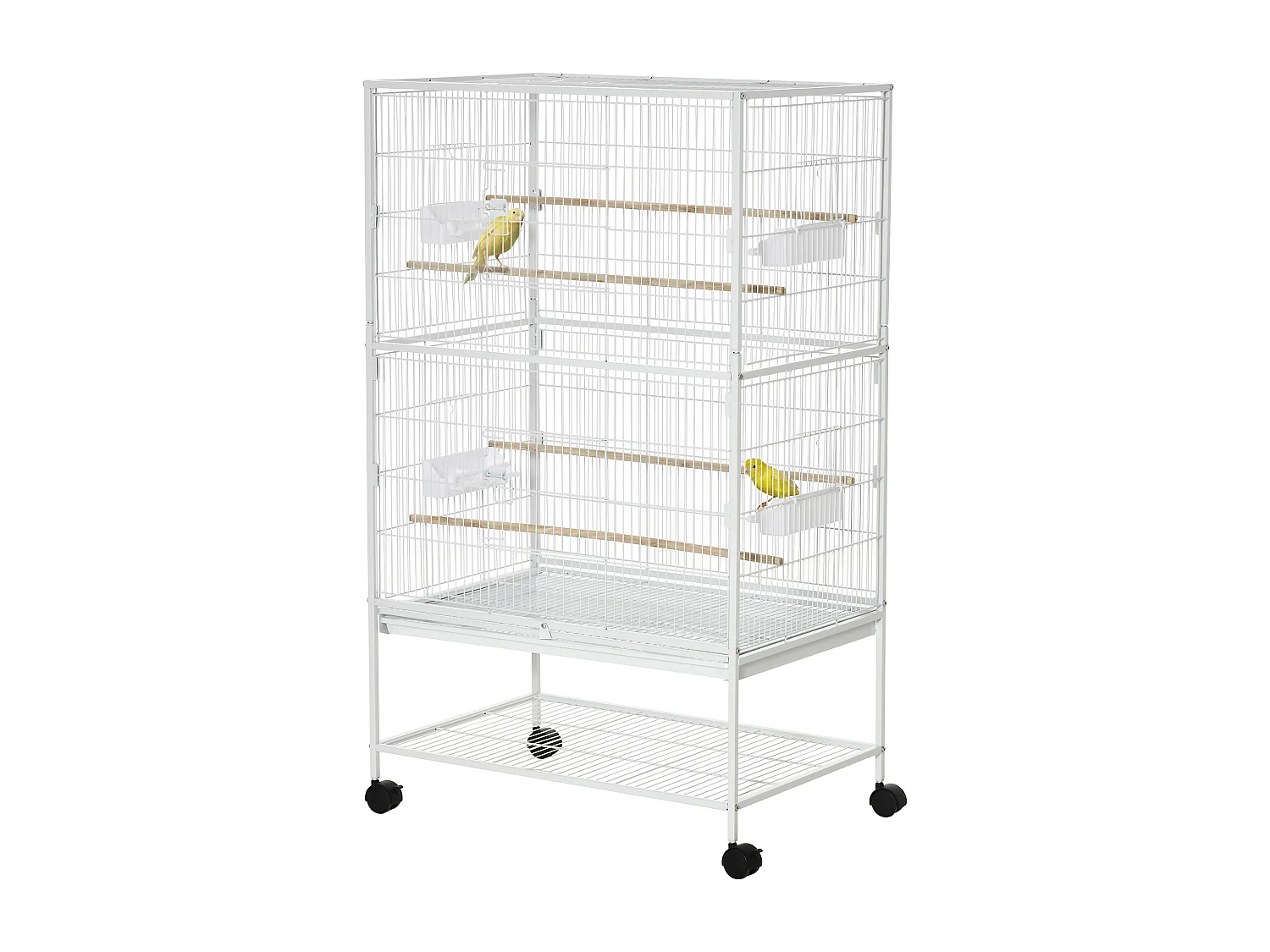 Gabbia per uccelli da interni in acciaio e legno a 4 ruote bianco