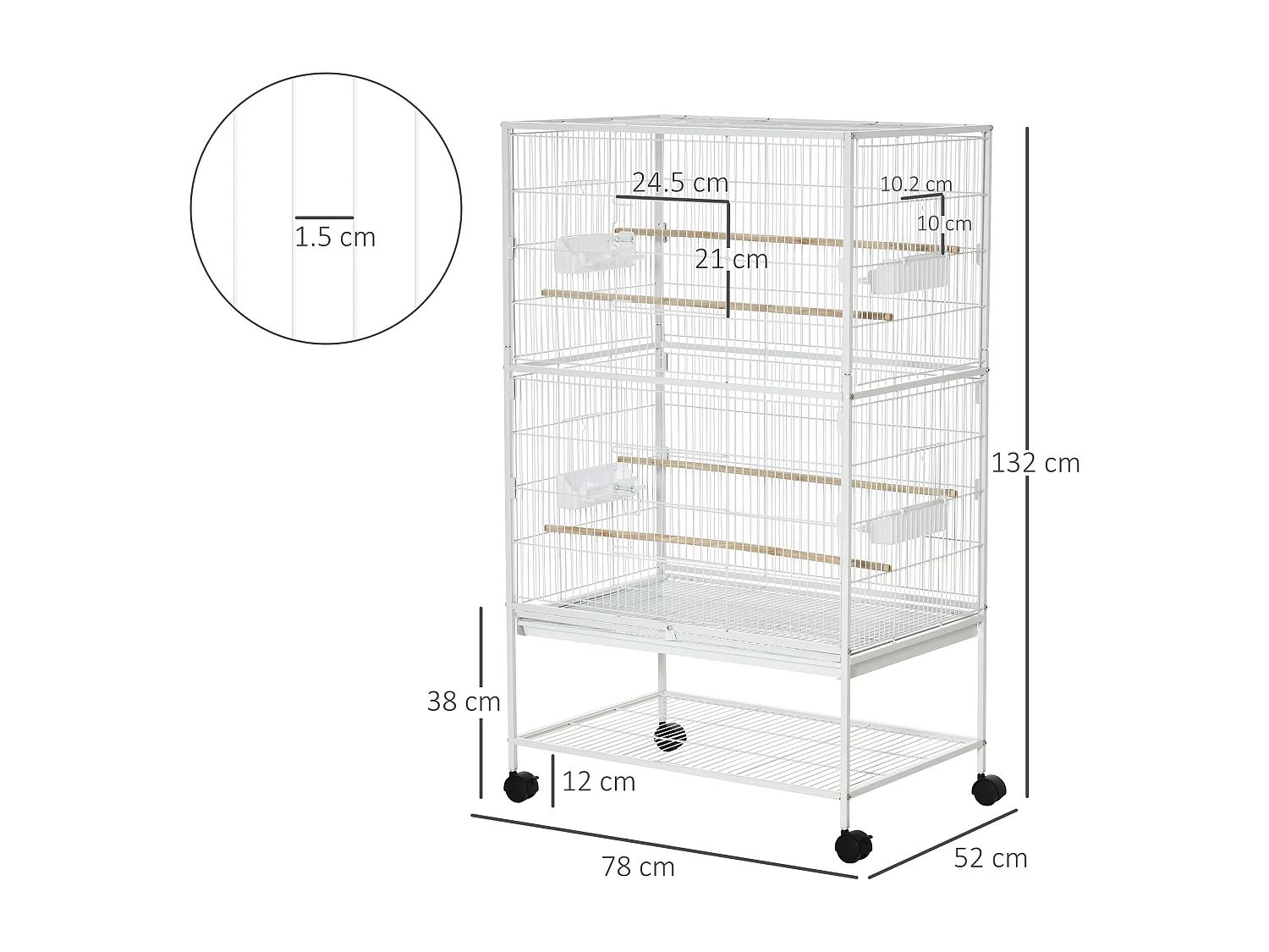 Gabbia per uccelli da interni in acciaio e legno a 4 ruote bianco