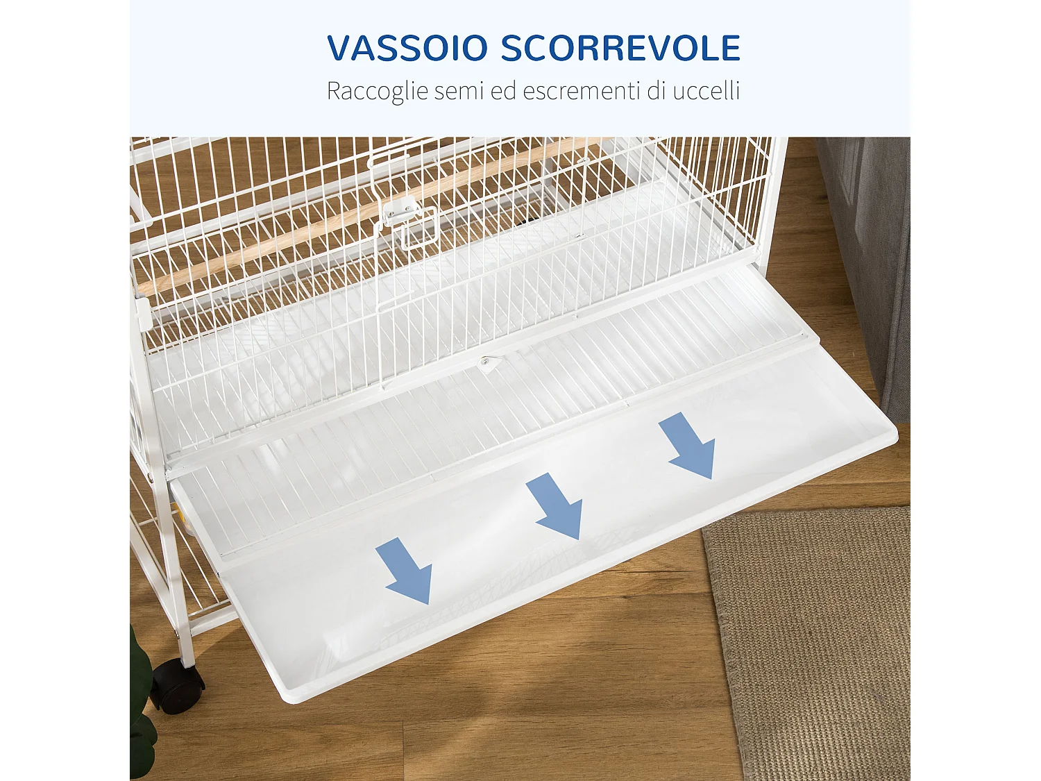 Gabbia per uccelli da interni in acciaio e legno a 4 ruote bianco