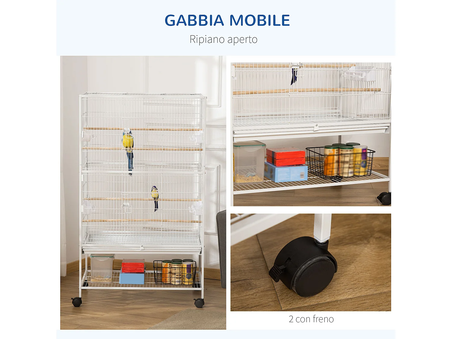 Gabbia per uccelli da interni in acciaio e legno a 4 ruote bianco