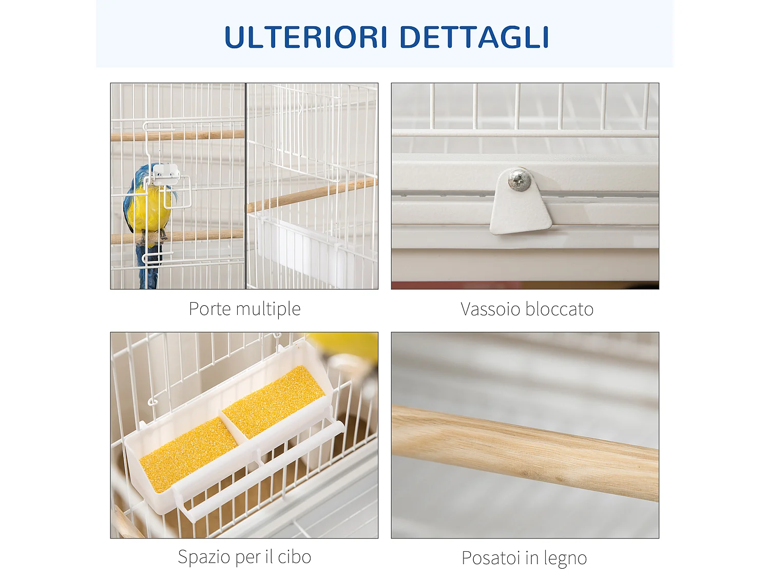 Gabbia per uccelli da interni in acciaio e legno a 4 ruote bianco