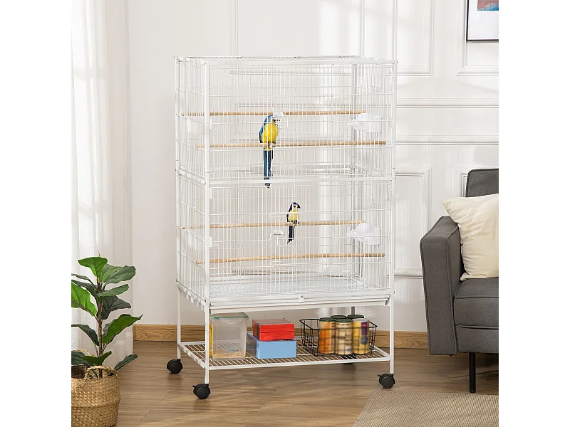 Gabbia per uccelli da interni in acciaio e legno a 4 ruote bianco