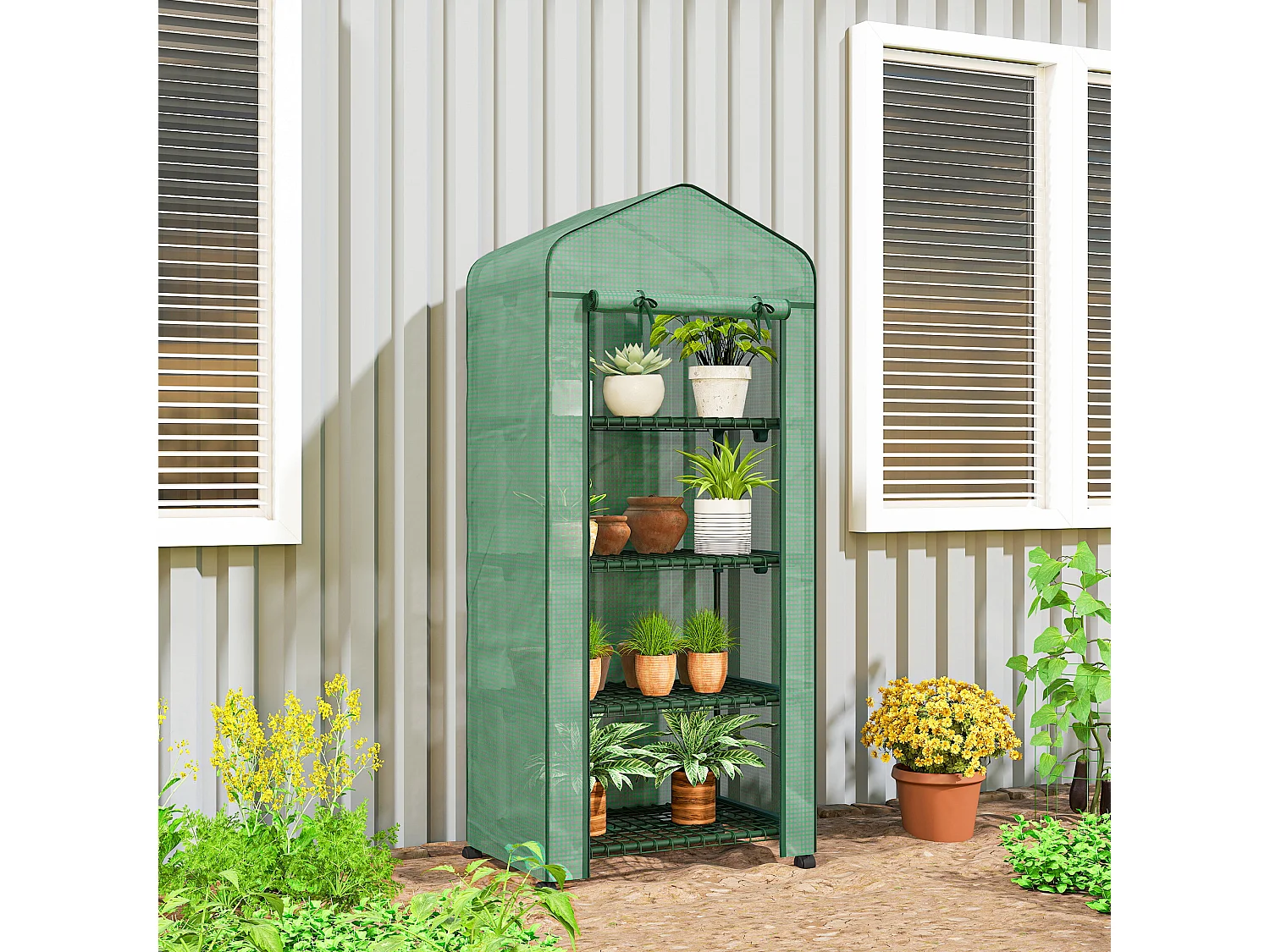 Serra da balcone a 4 livelli con 4 rotelle ingresso avvolgibile verde