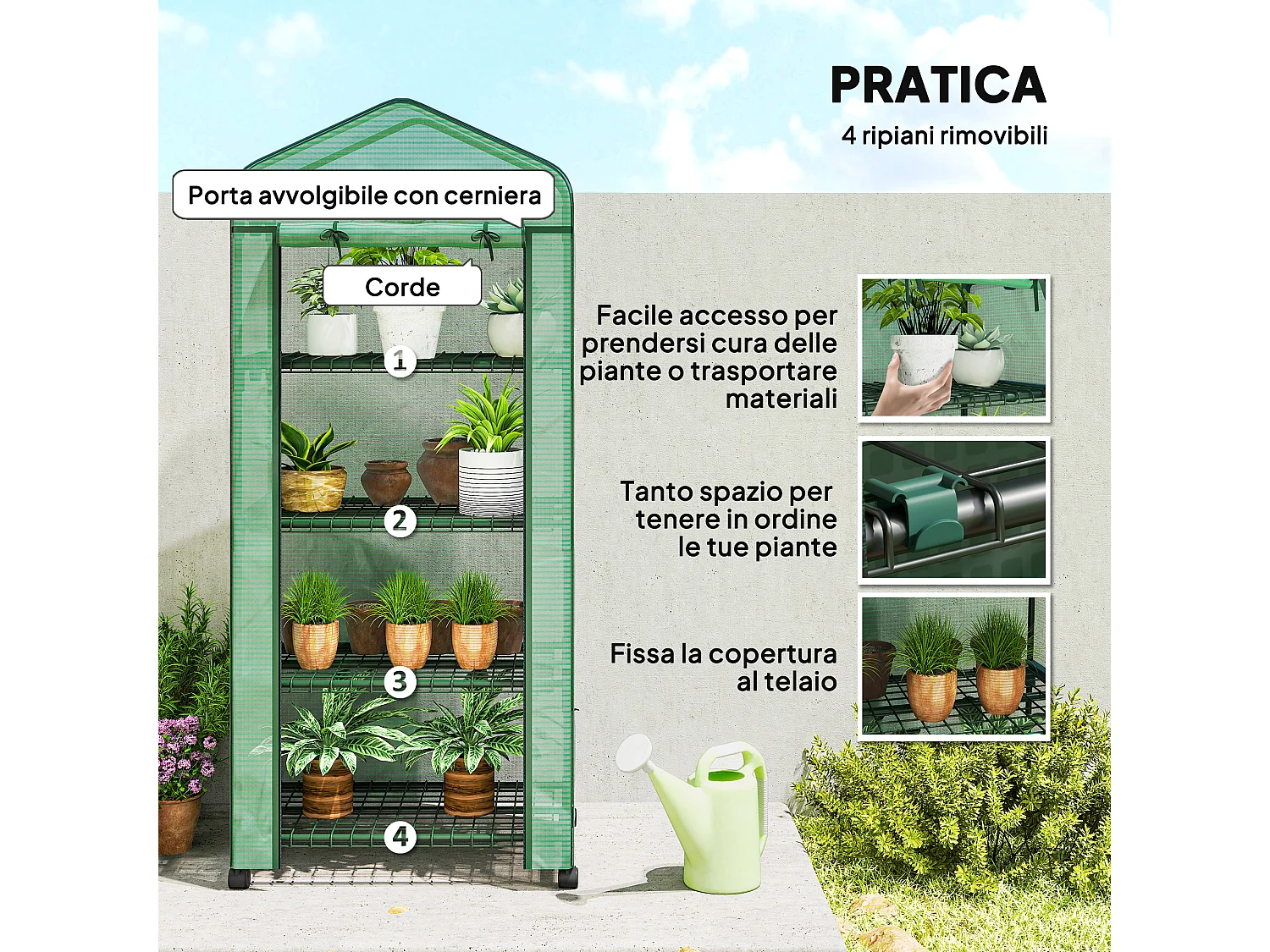 Serra da balcone a 4 livelli con 4 rotelle ingresso avvolgibile verde