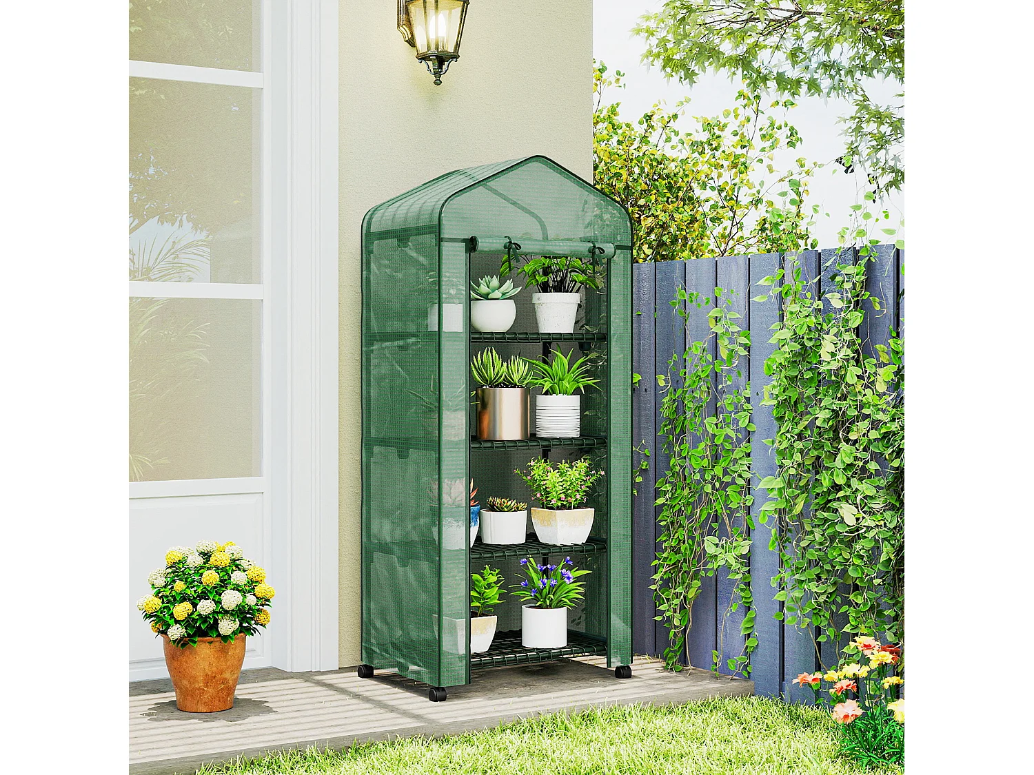 Serra da balcone a 4 livelli con 4 rotelle ingresso avvolgibile verde