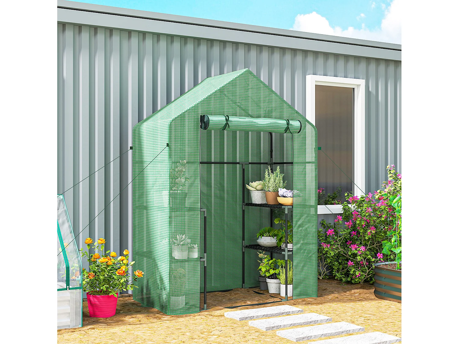 Serra da giardino con 2 mensole a 3 livelli in acciaio e pe verde