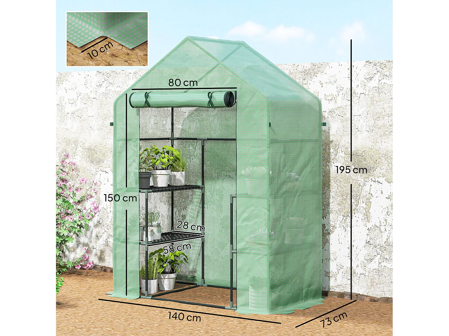 Serra da giardino con 2 mensole a 3 livelli in acciaio e pe verde