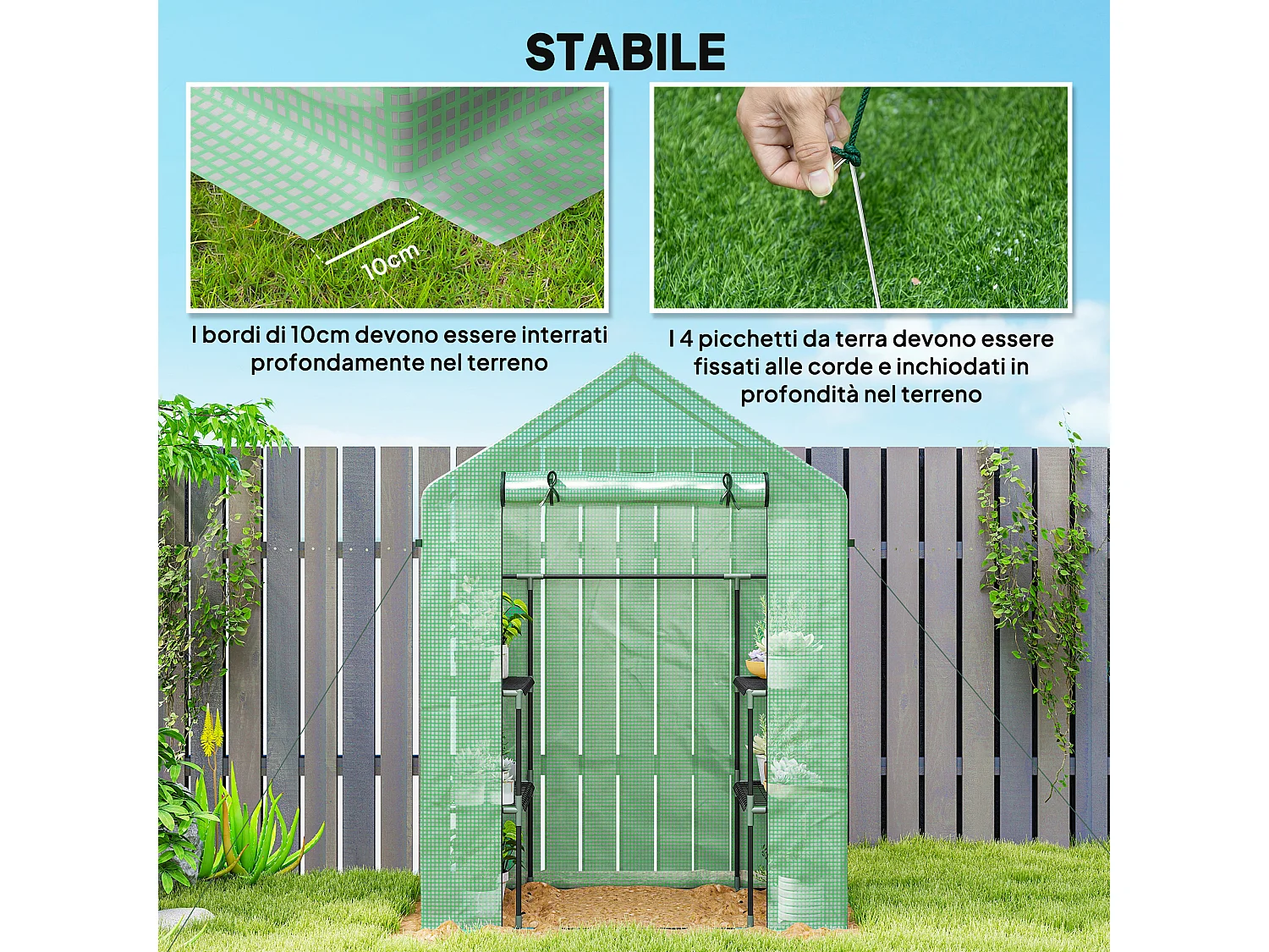 Serra da giardino con 2 mensole a 3 livelli in acciaio e pe verde