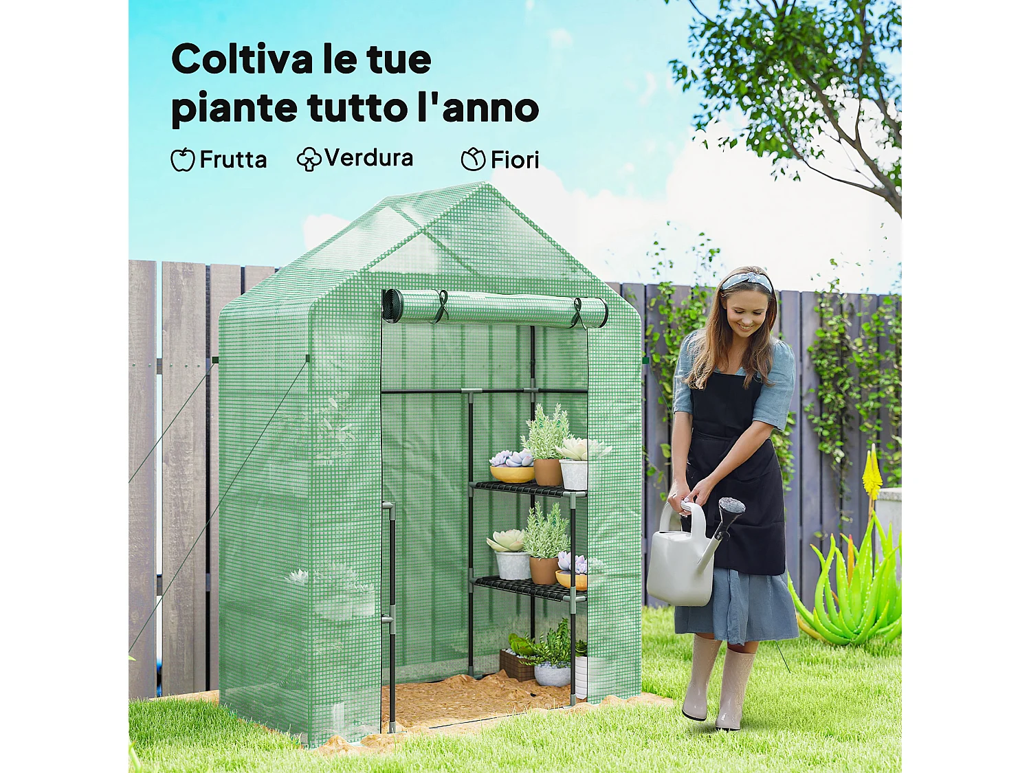 Serra da giardino con 2 mensole a 3 livelli in acciaio e pe verde