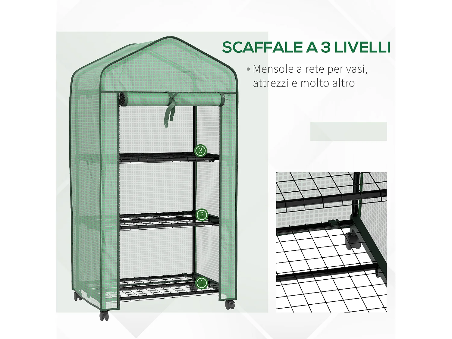 Mini serra da giardino con 3 ripiani, ruote e copertura in PE verde