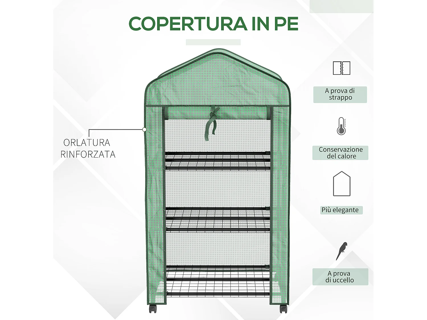 Mini serra da giardino con 3 ripiani, ruote e copertura in PE verde