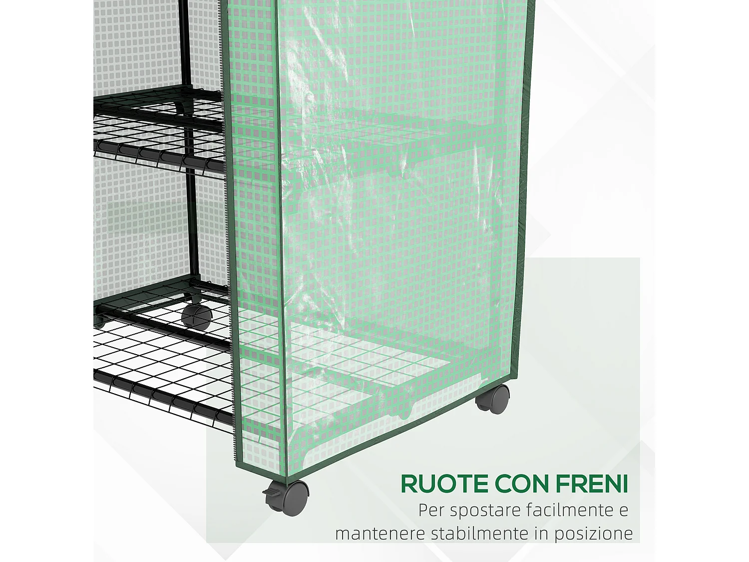 Mini serra da giardino con 3 ripiani, ruote e copertura in PE verde