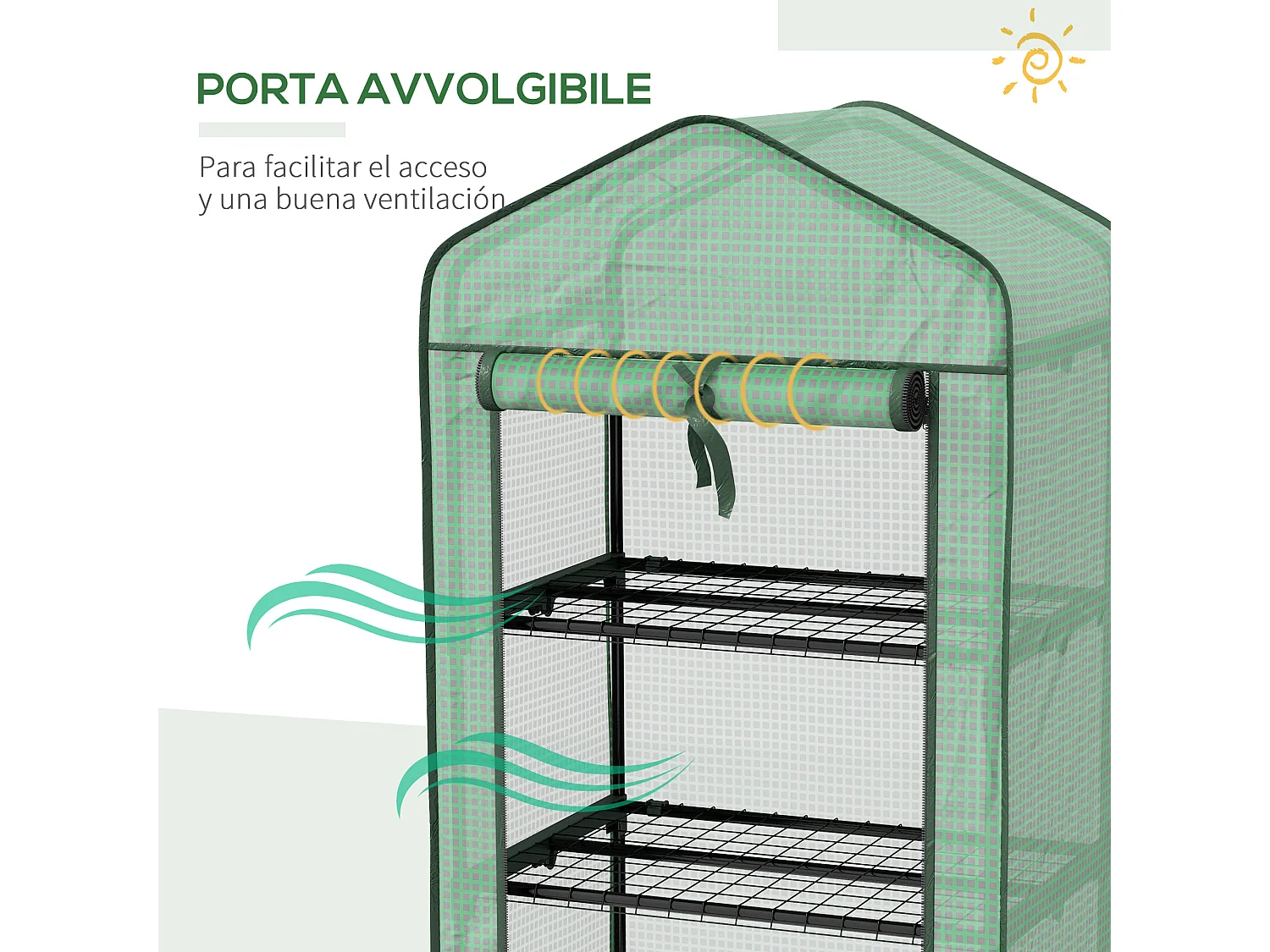 Mini serra da giardino con 3 ripiani, ruote e copertura in PE verde