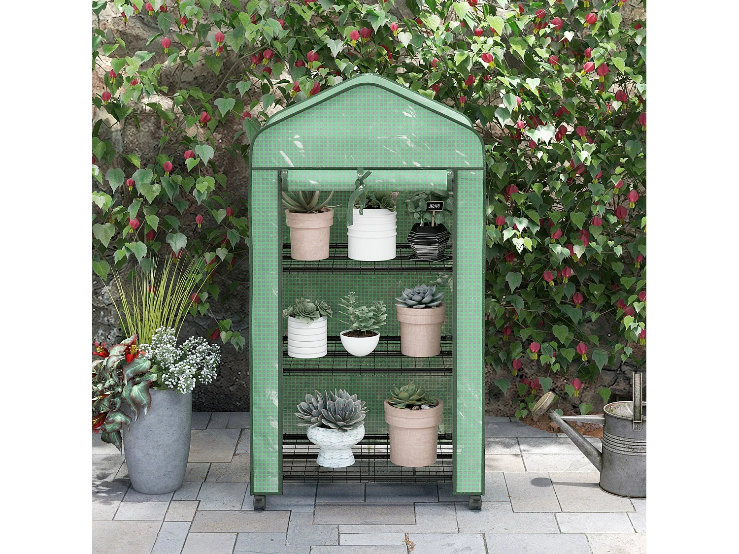 Mini serra da giardino con 3 ripiani, ruote e copertura in PE verde