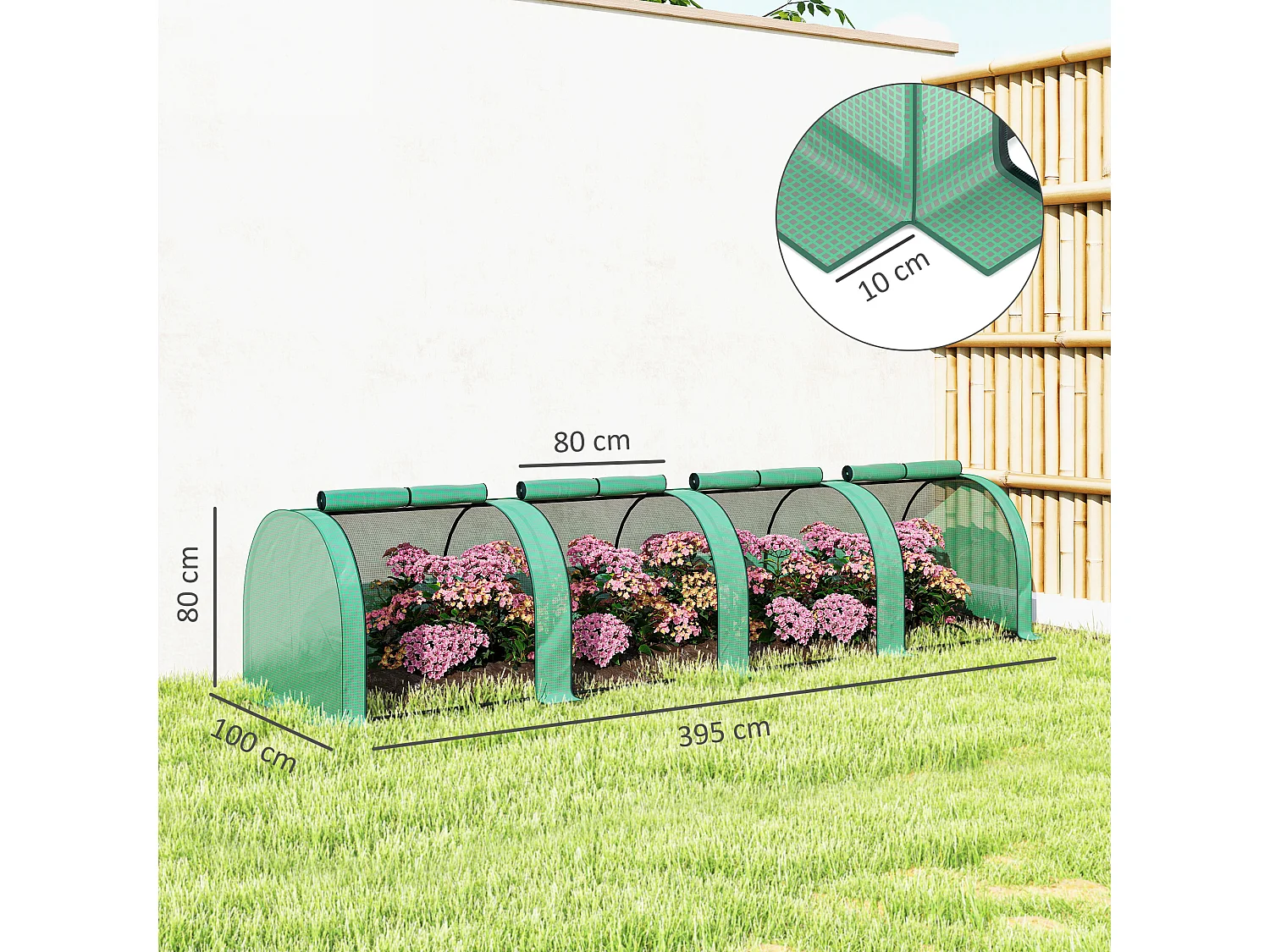 Serra a tunnel in acciaio copertura in plastica e 4 porte verde