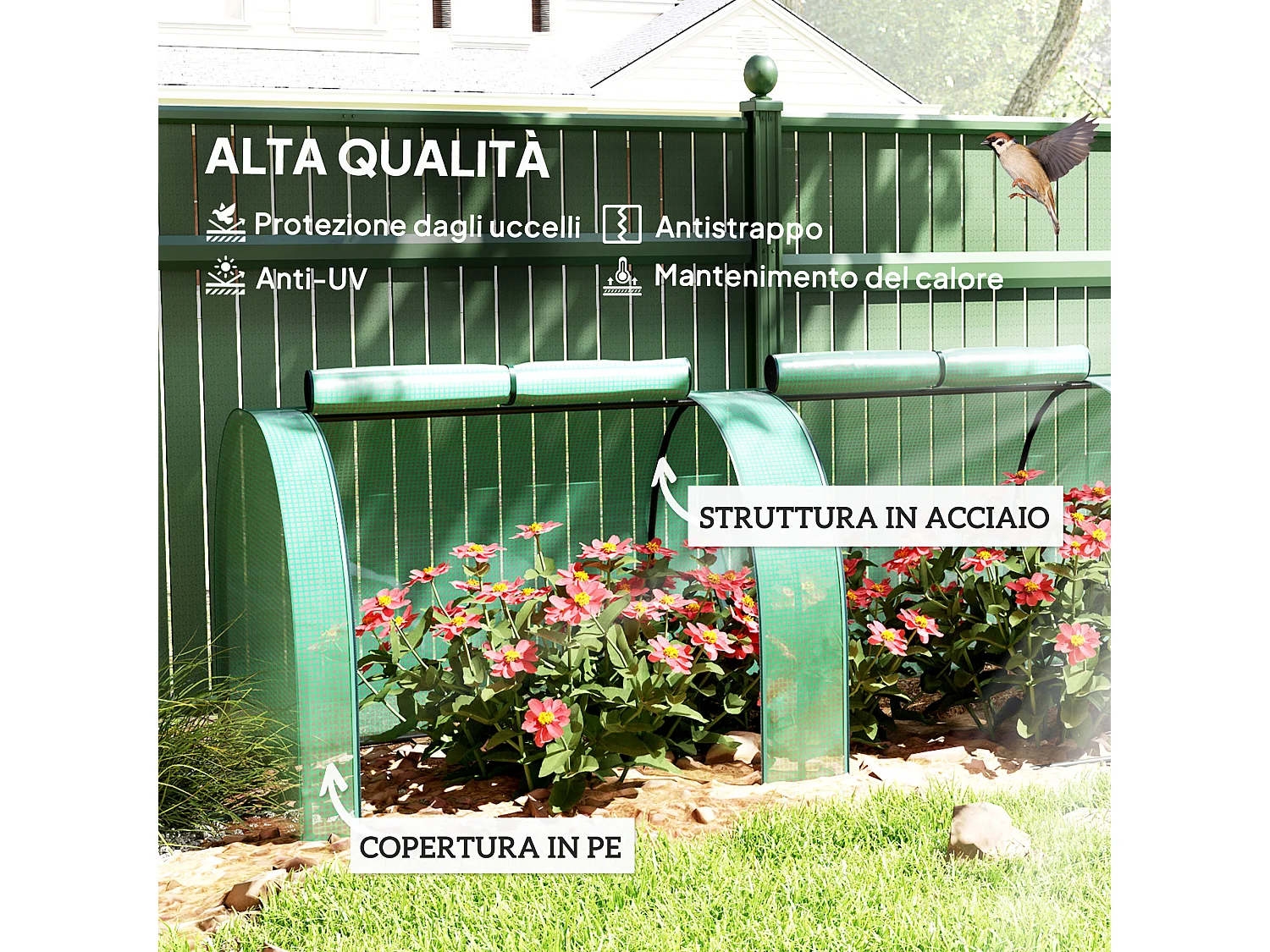 Serra a tunnel in acciaio copertura in plastica e 4 porte verde