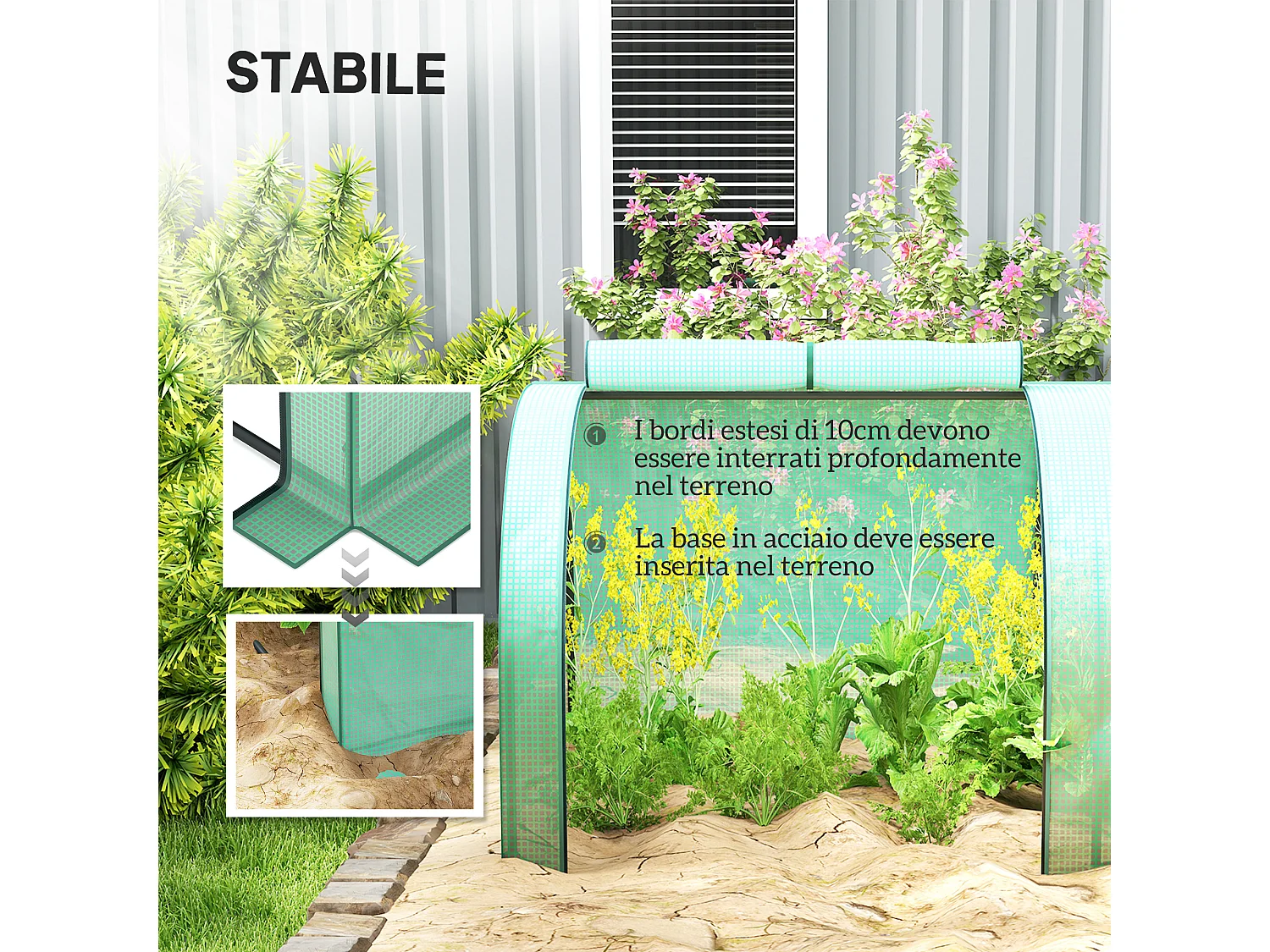 Serra a tunnel in acciaio copertura in plastica e 4 porte verde