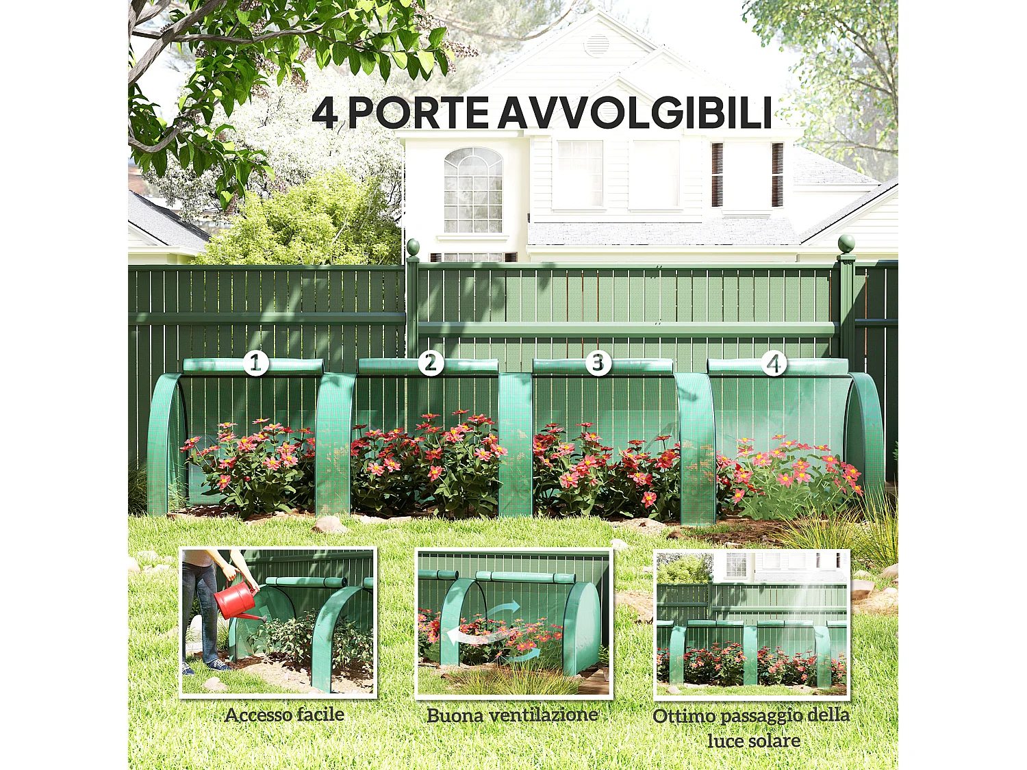 Serra a tunnel in acciaio copertura in plastica e 4 porte verde