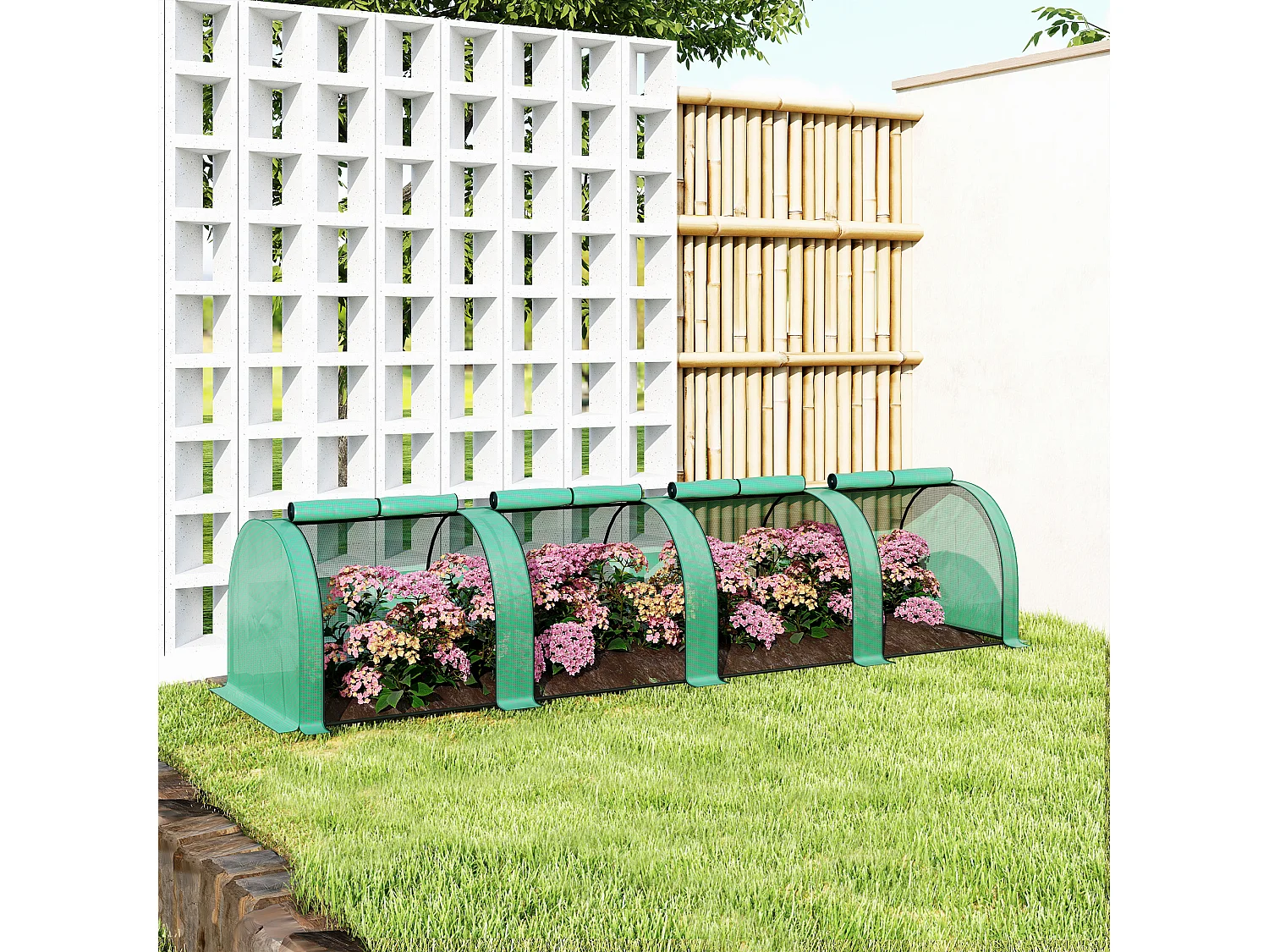 Serra a tunnel in acciaio copertura in plastica e 4 porte verde