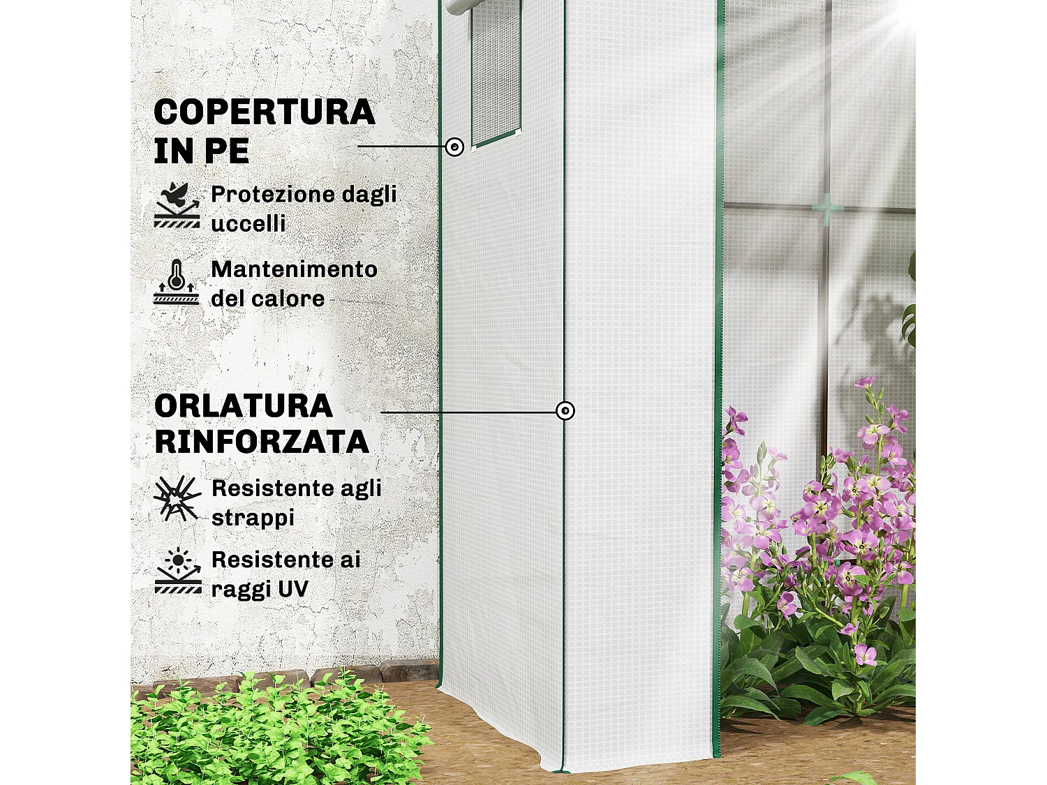 Serra per piante con 2 finestre a rete e porta avvolgibile bianco