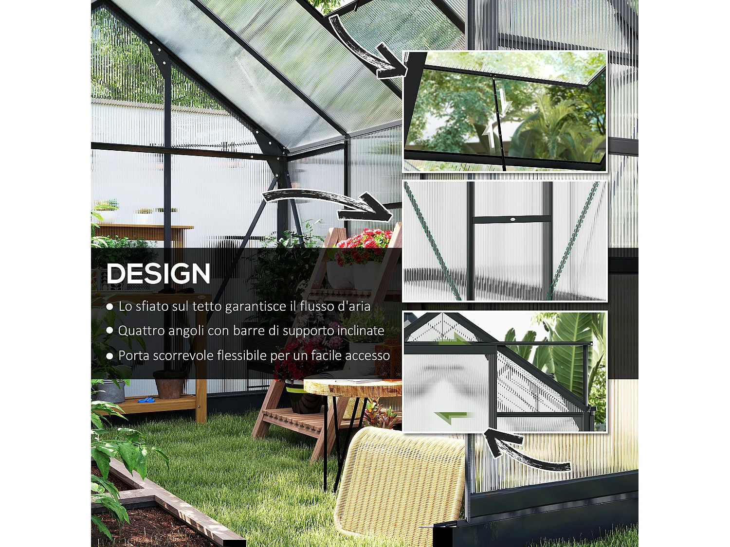 Serra da giardino con porta scorrevole 190x252x201 cm in pc grigio