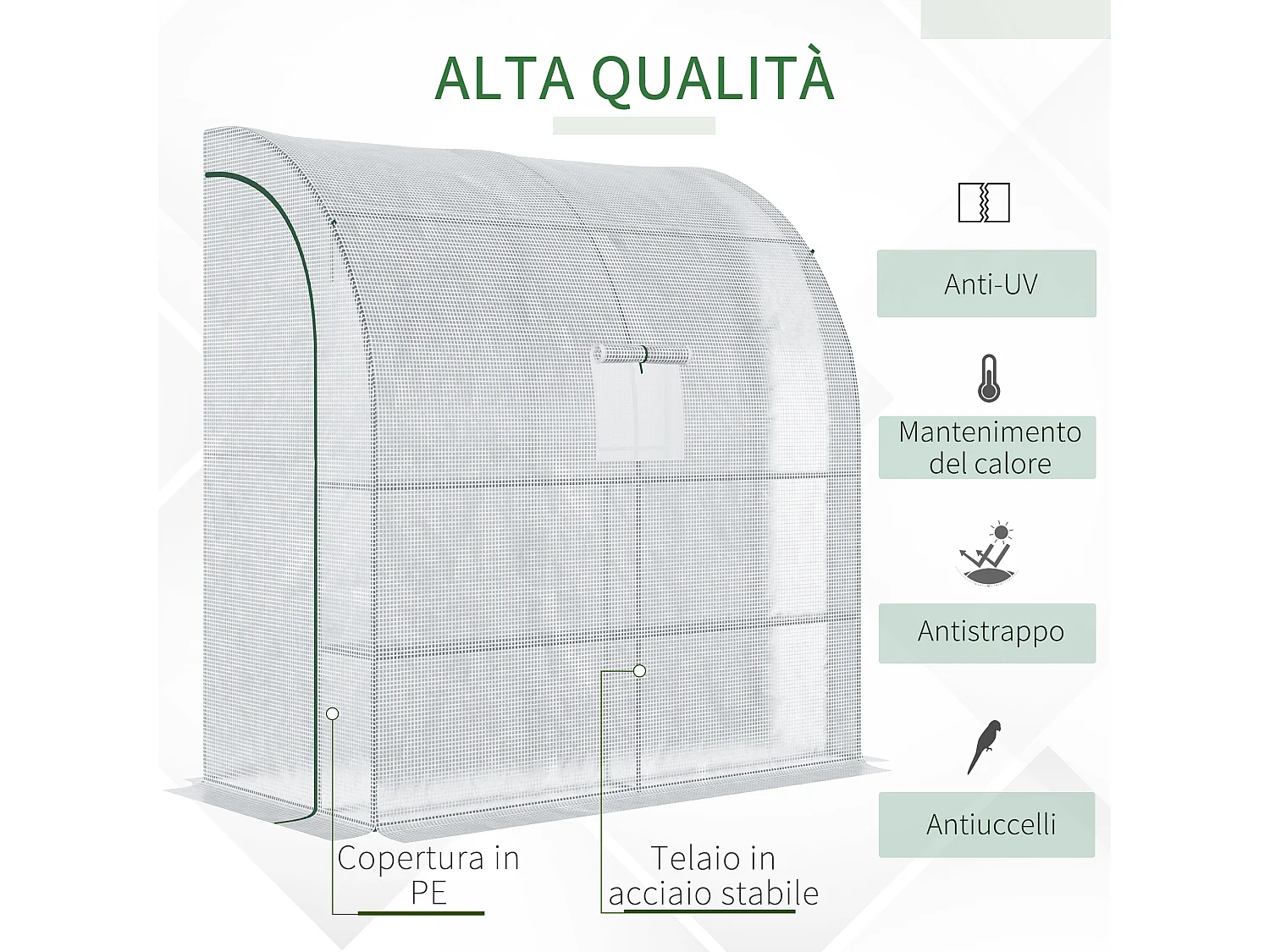 Serra addossata a 3 livelli con porte e finestre a zip verde e bianco