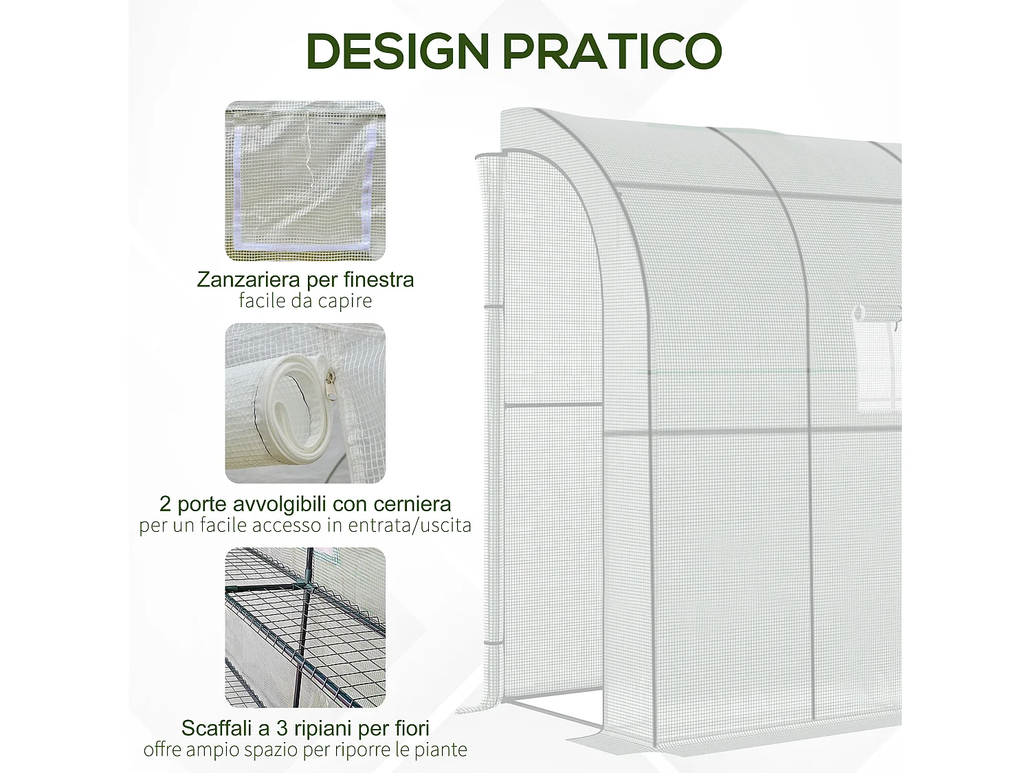 Serra addossata a 3 livelli con porte e finestre a zip verde e bianco