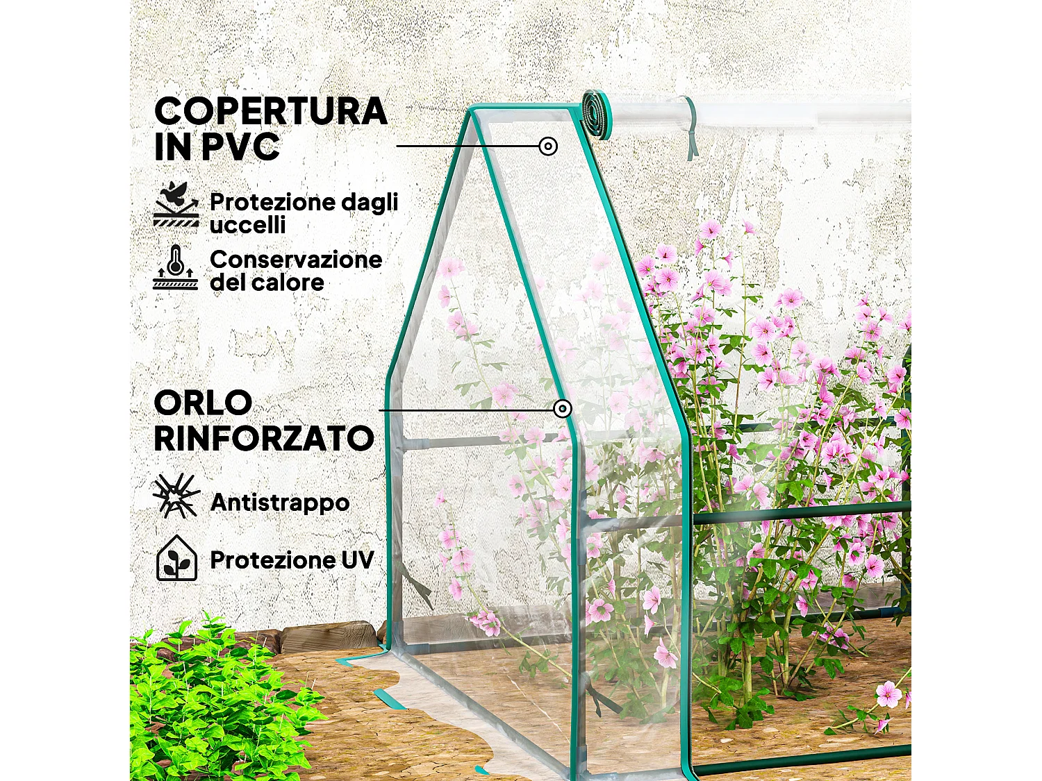 Mini serra da giardino a 4 porte in acciaio e pe trasparente