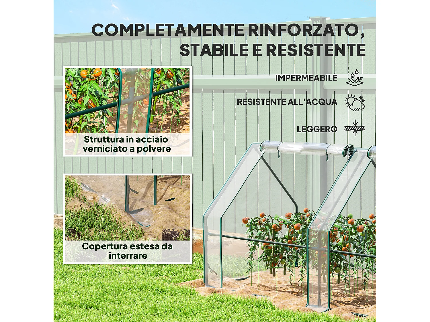 Mini serra da giardino a 4 porte in acciaio e pe trasparente