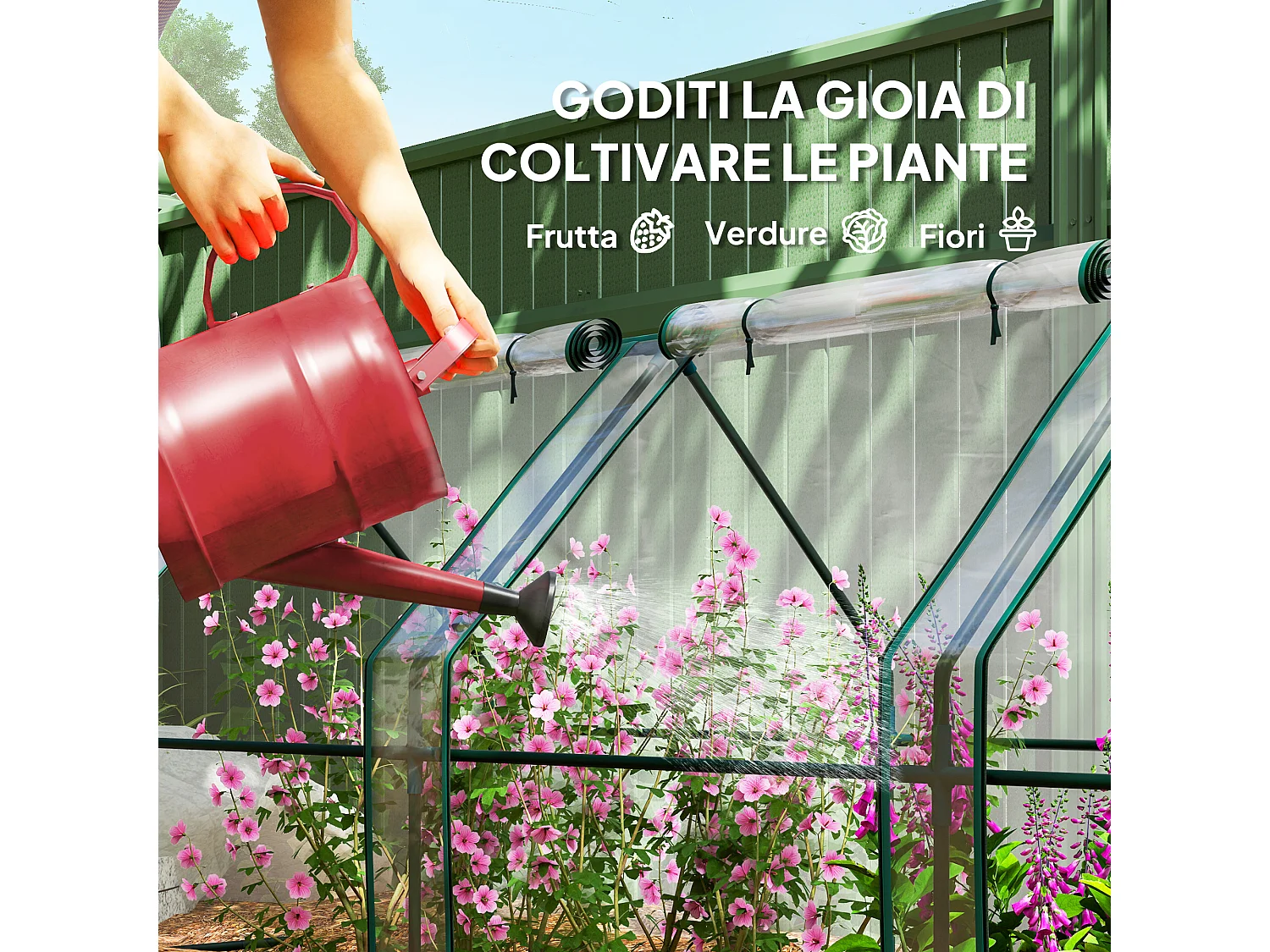 Mini serra da giardino a 4 porte in acciaio e pe trasparente