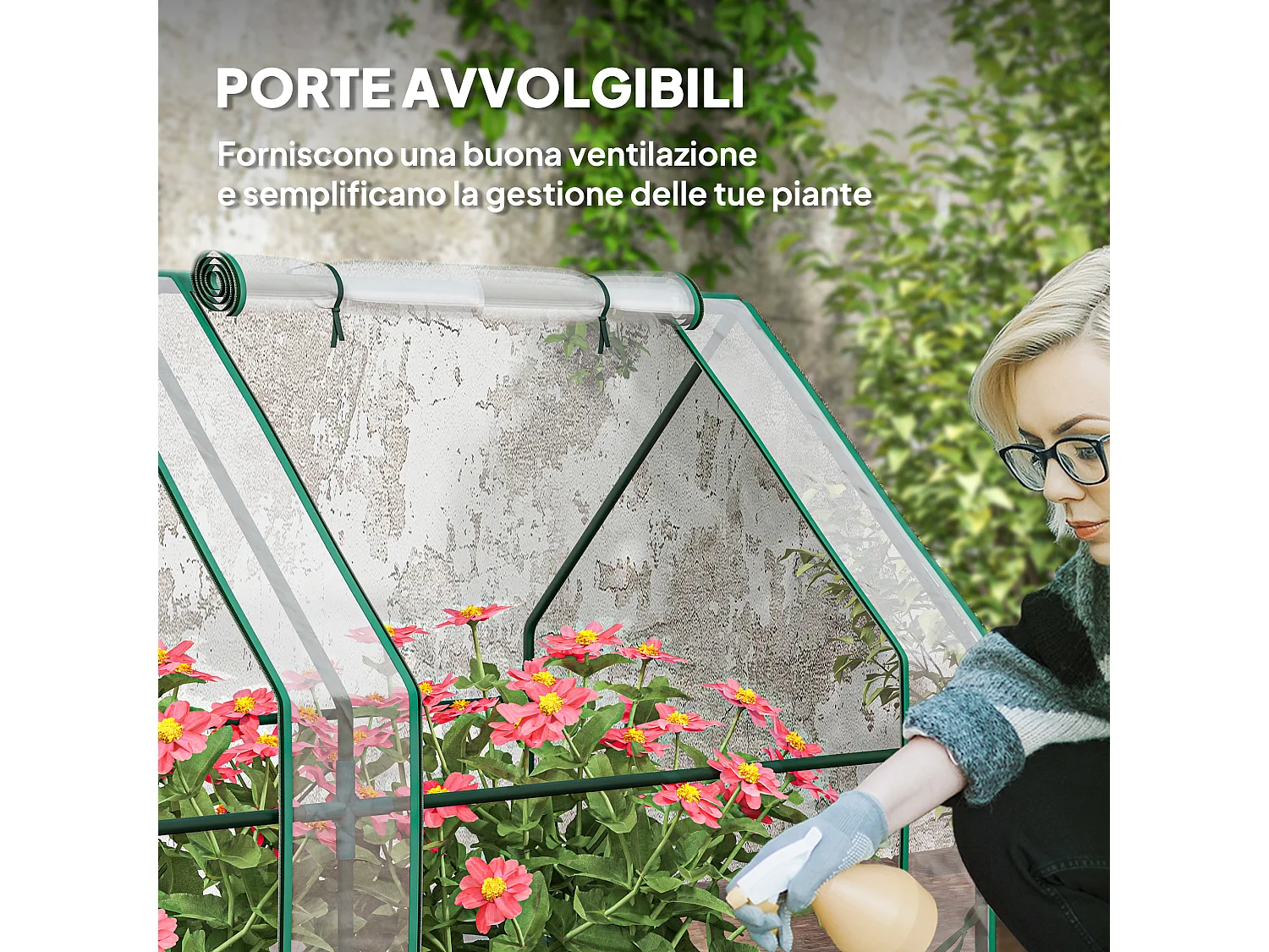 Mini serra da giardino a 4 porte in acciaio e pe trasparente