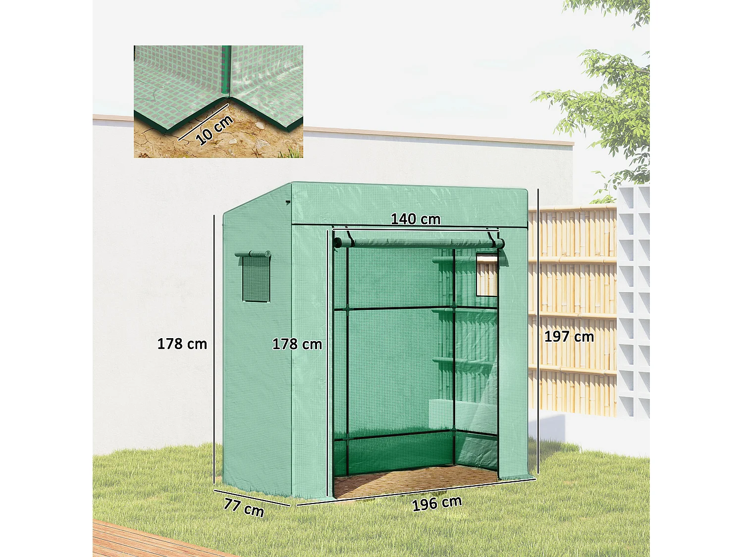 Serra per piante con 2 finestre a rete e porta avvolgibile verde