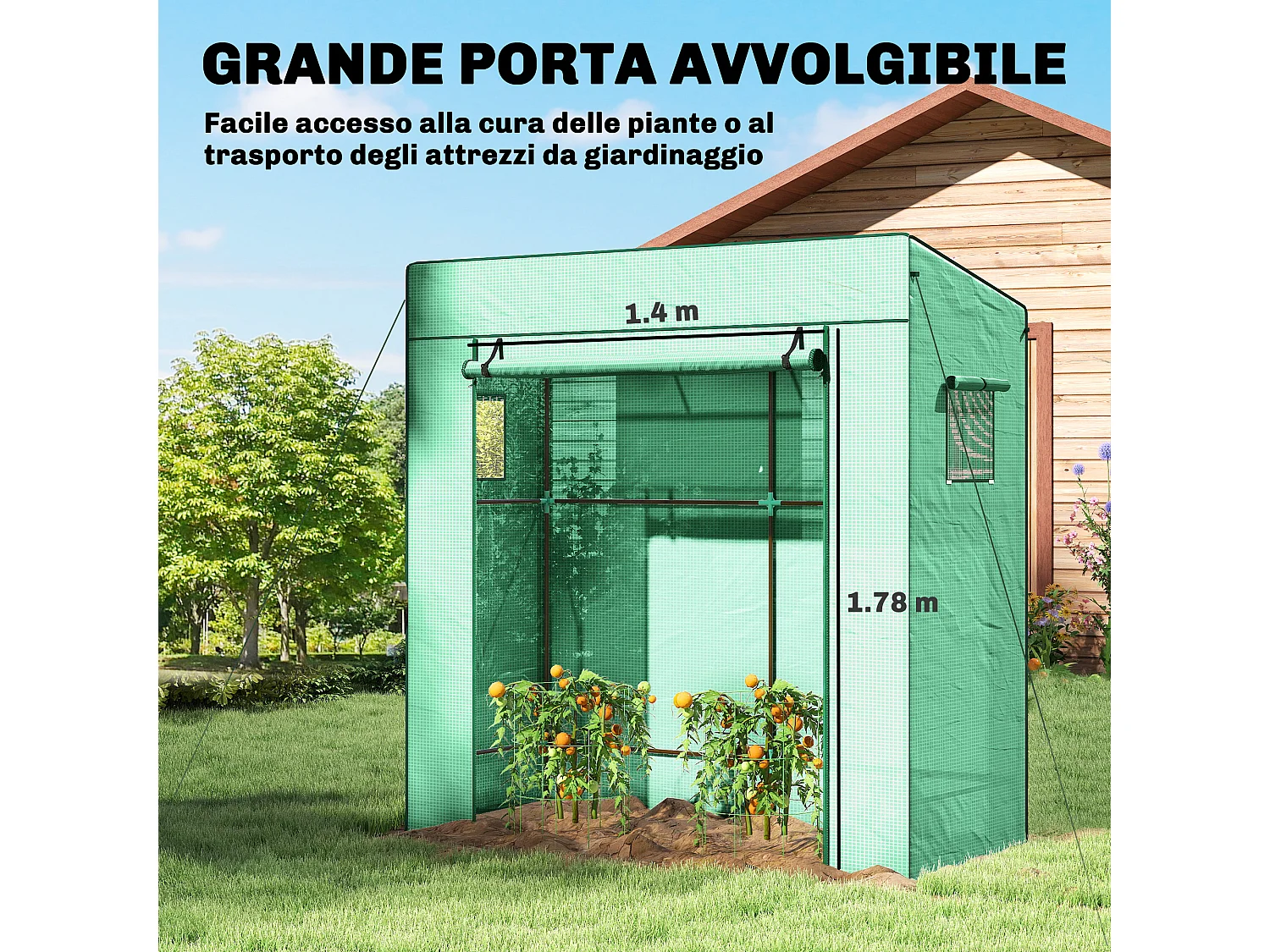 Serra per piante con 2 finestre a rete e porta avvolgibile verde