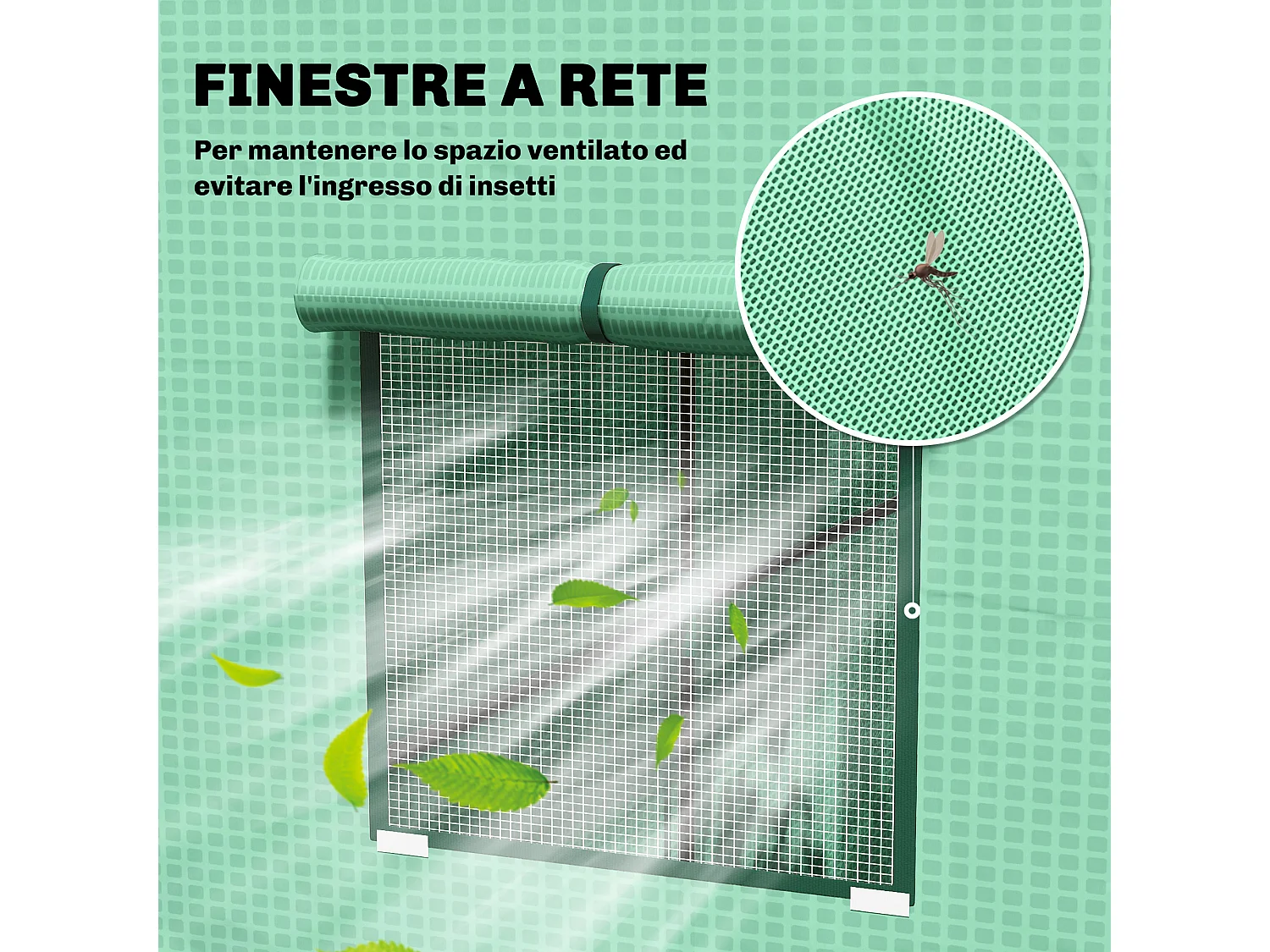 Serra per piante con 2 finestre a rete e porta avvolgibile verde