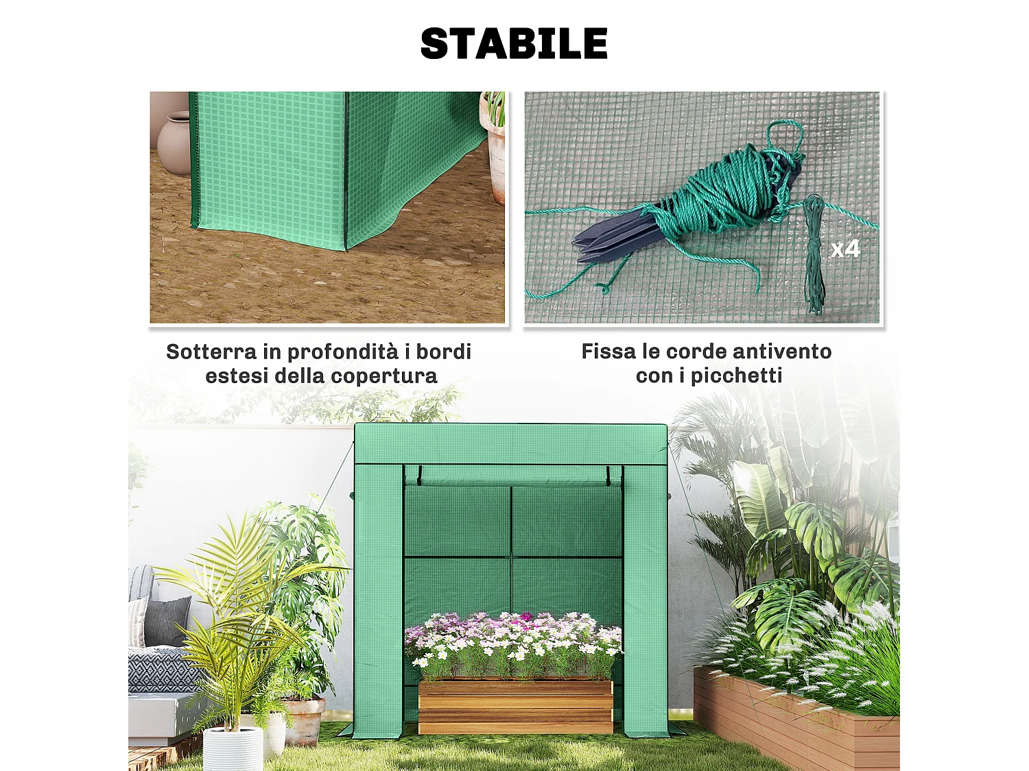 Serra per piante con 2 finestre a rete e porta avvolgibile verde