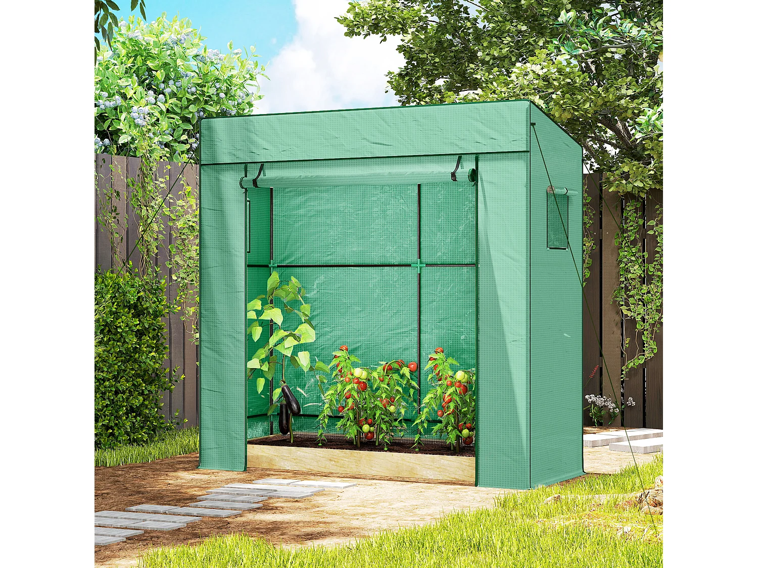 Serra per piante con 2 finestre a rete e porta avvolgibile verde