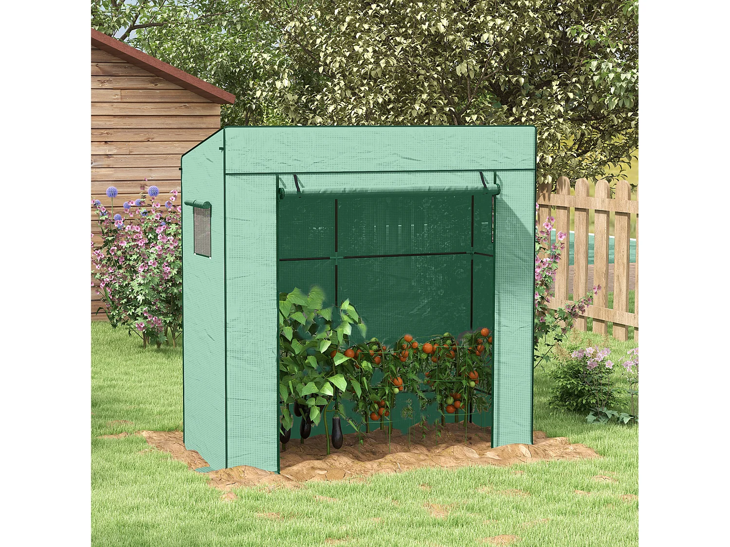 Serra per piante con 2 finestre a rete e porta avvolgibile verde