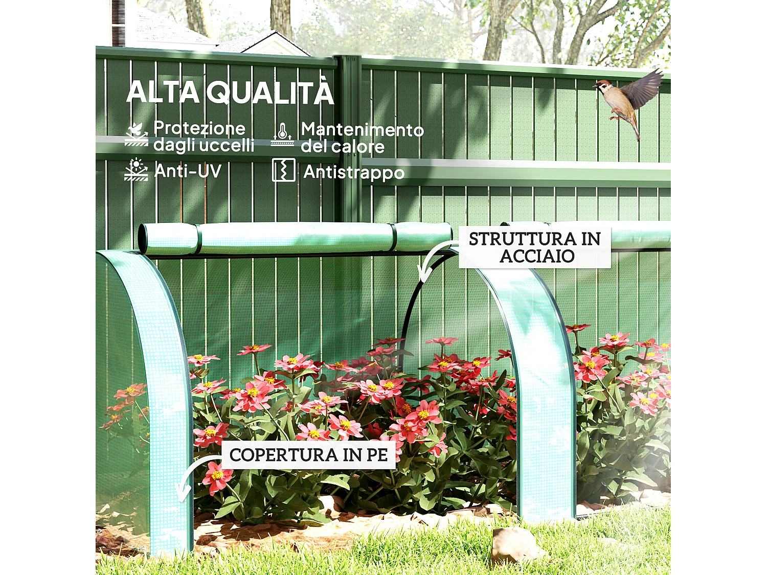 Serra da giardino 3x1x0.8m in acciaio e pp con porte avvolgibili verde