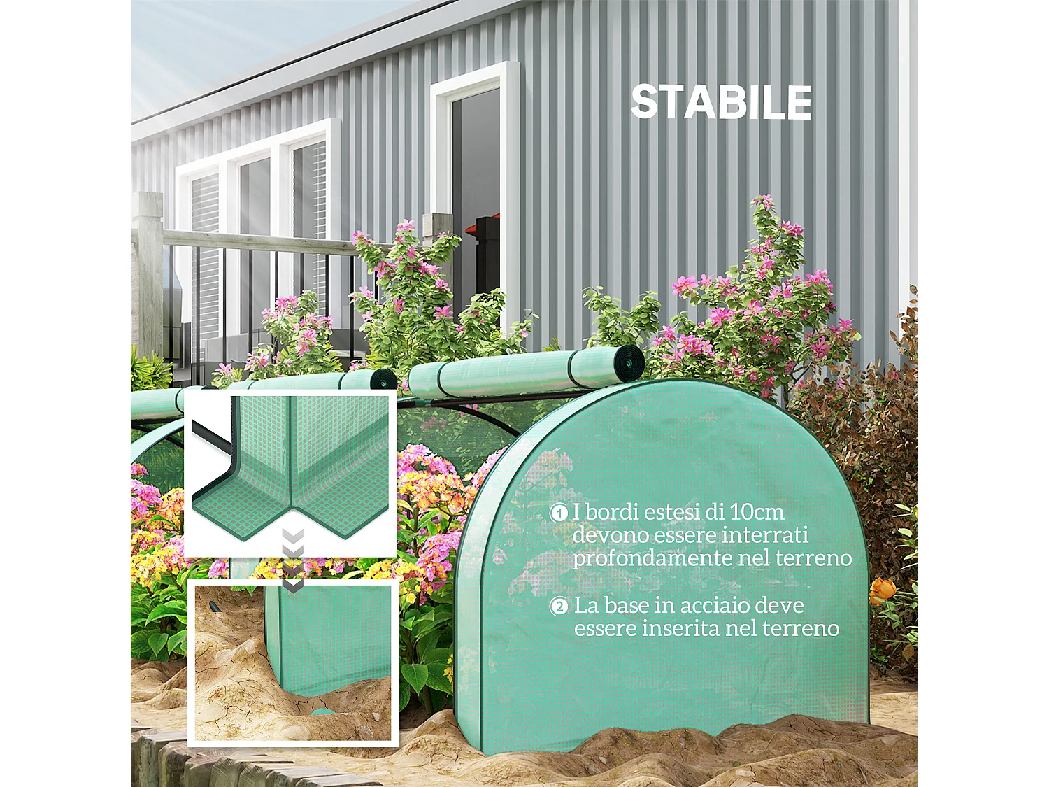 Serra da giardino 3x1x0.8m in acciaio e pp con porte avvolgibili verde