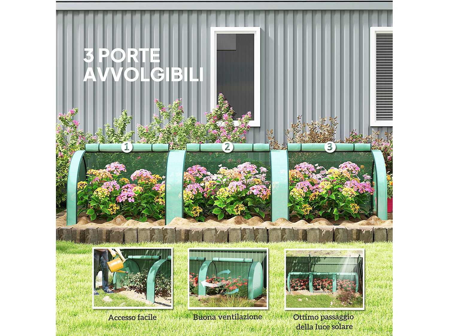 Serra da giardino 3x1x0.8m in acciaio e pp con porte avvolgibili verde