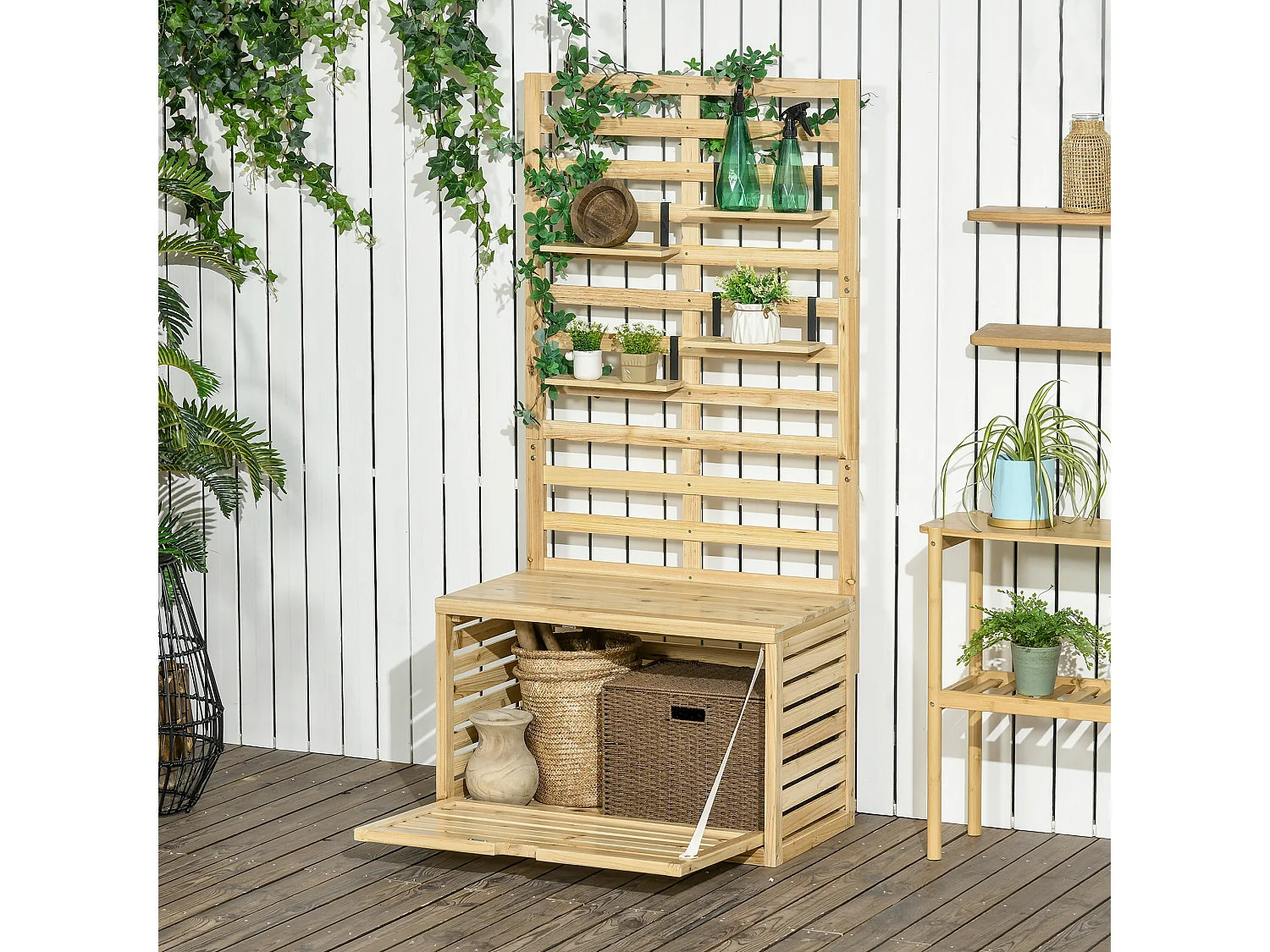 Cassapanca da giardino con traliccio e 4 ripiani in legno