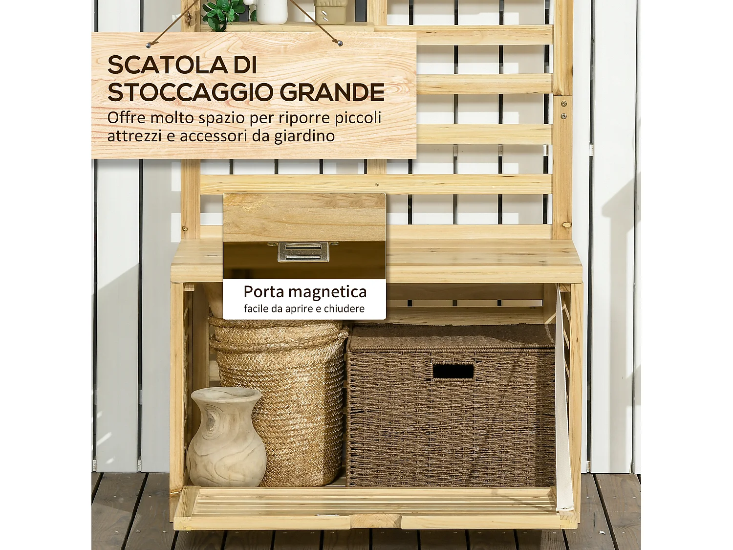 Cassapanca da giardino con traliccio e 4 ripiani in legno
