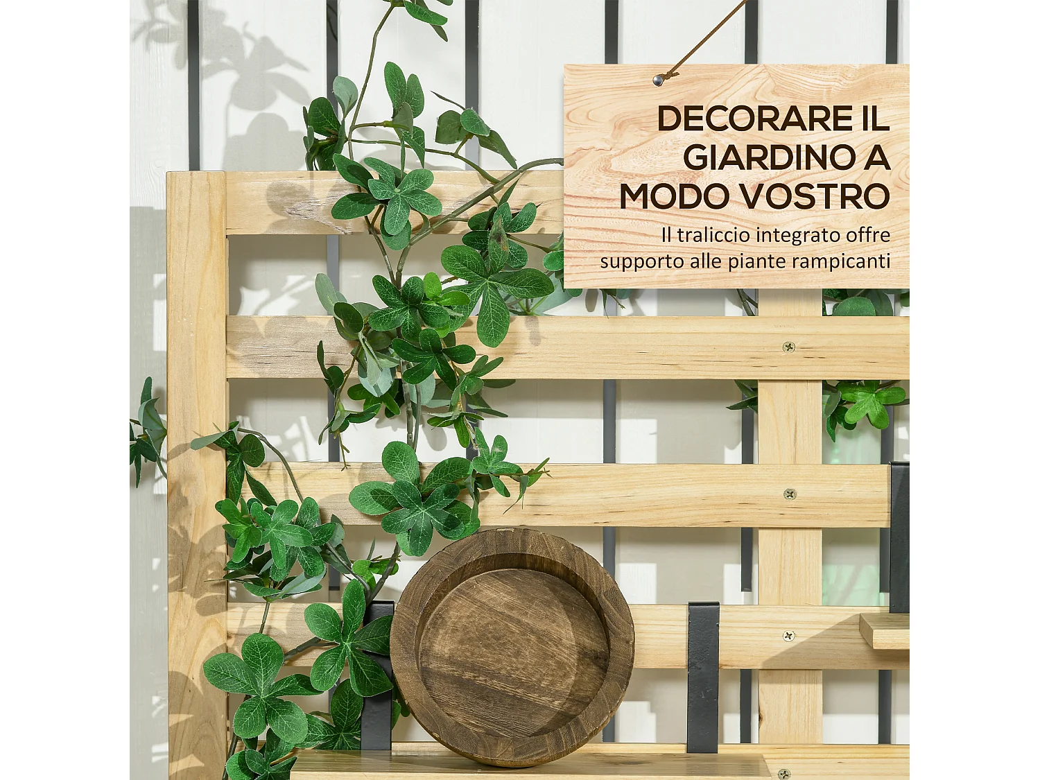 Cassapanca da giardino con traliccio e 4 ripiani in legno