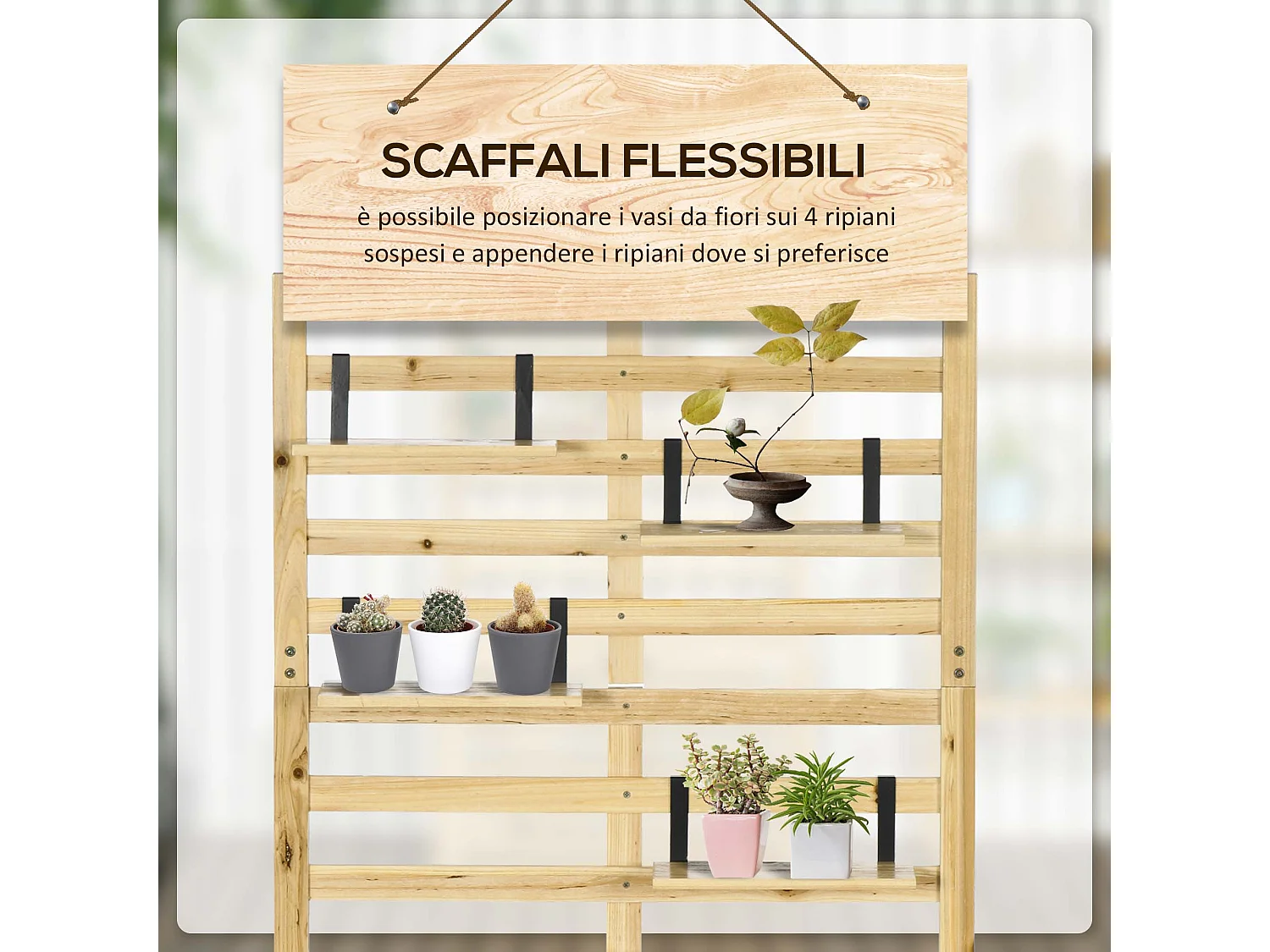 Cassapanca da giardino con traliccio e 4 ripiani in legno